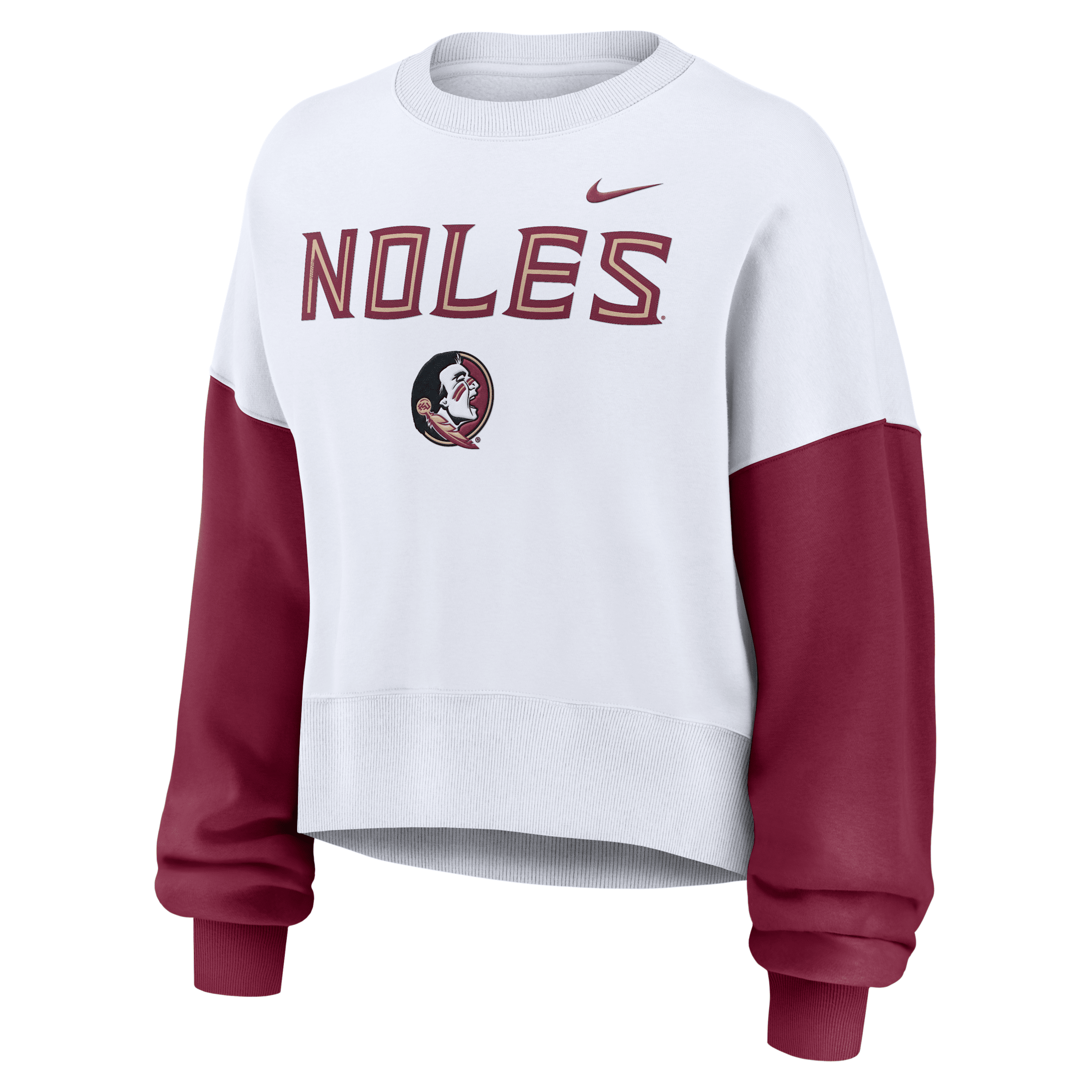 Nike Women's White Florida State Seminoles Color Block Oversized Cropped Pullover Sweatshirt In White