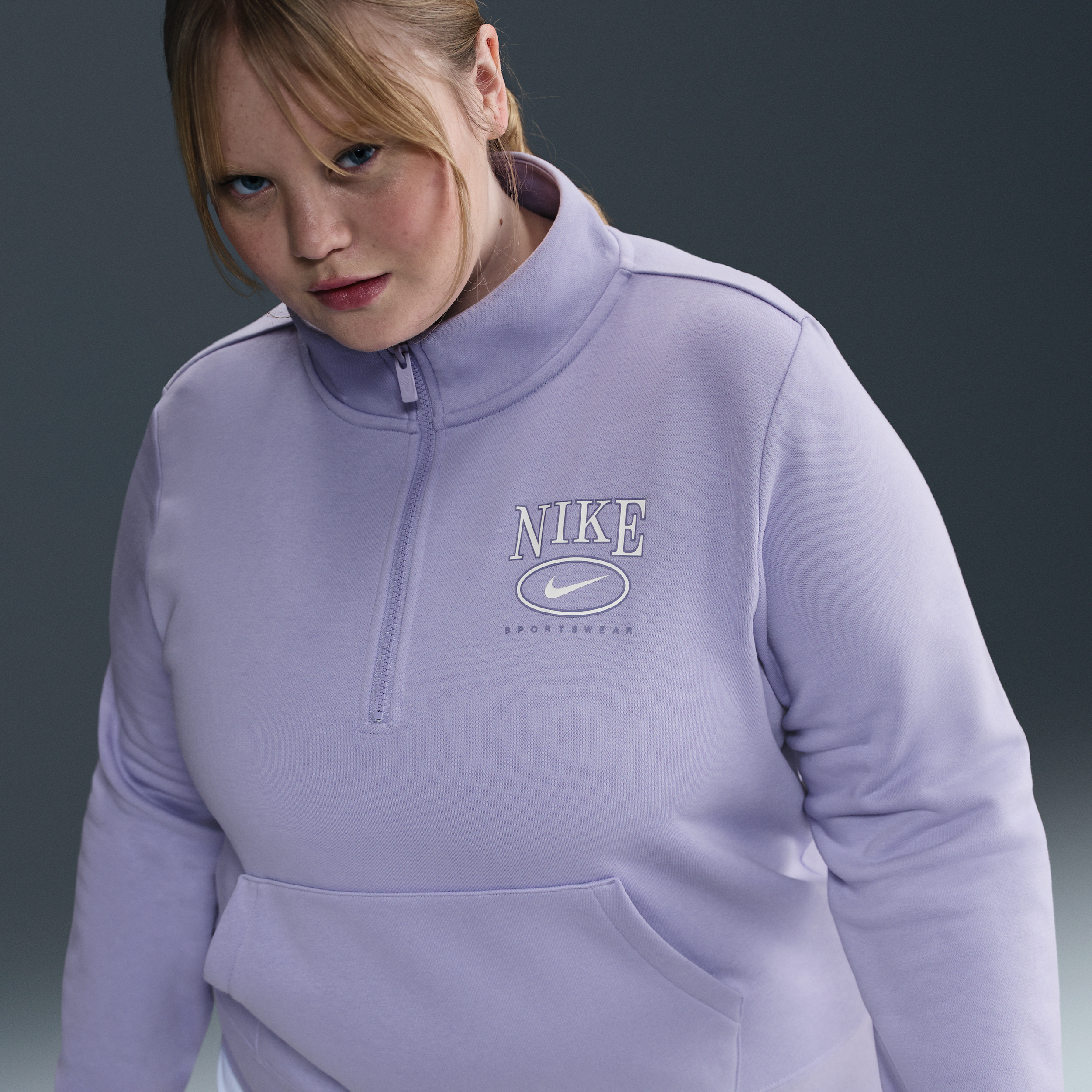 Shop Nike Women's Sportswear Club Fleece Mock-neck 1/2-zip Graphic Top (plus Size) In Purple