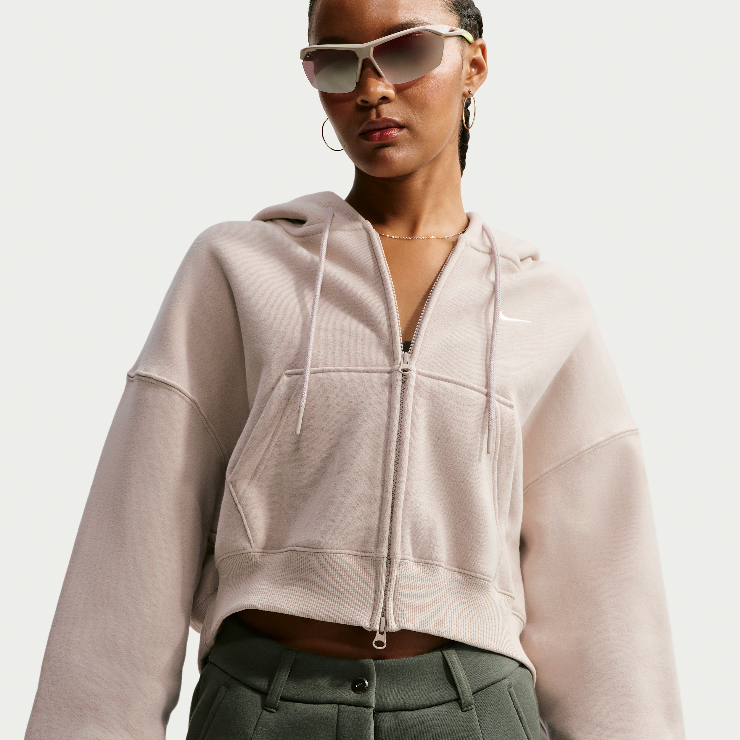 Nike Women's Studio Fleece Medium Weight Oversized Full-Zip Cropped Hoodie in Brown | IM8499-236