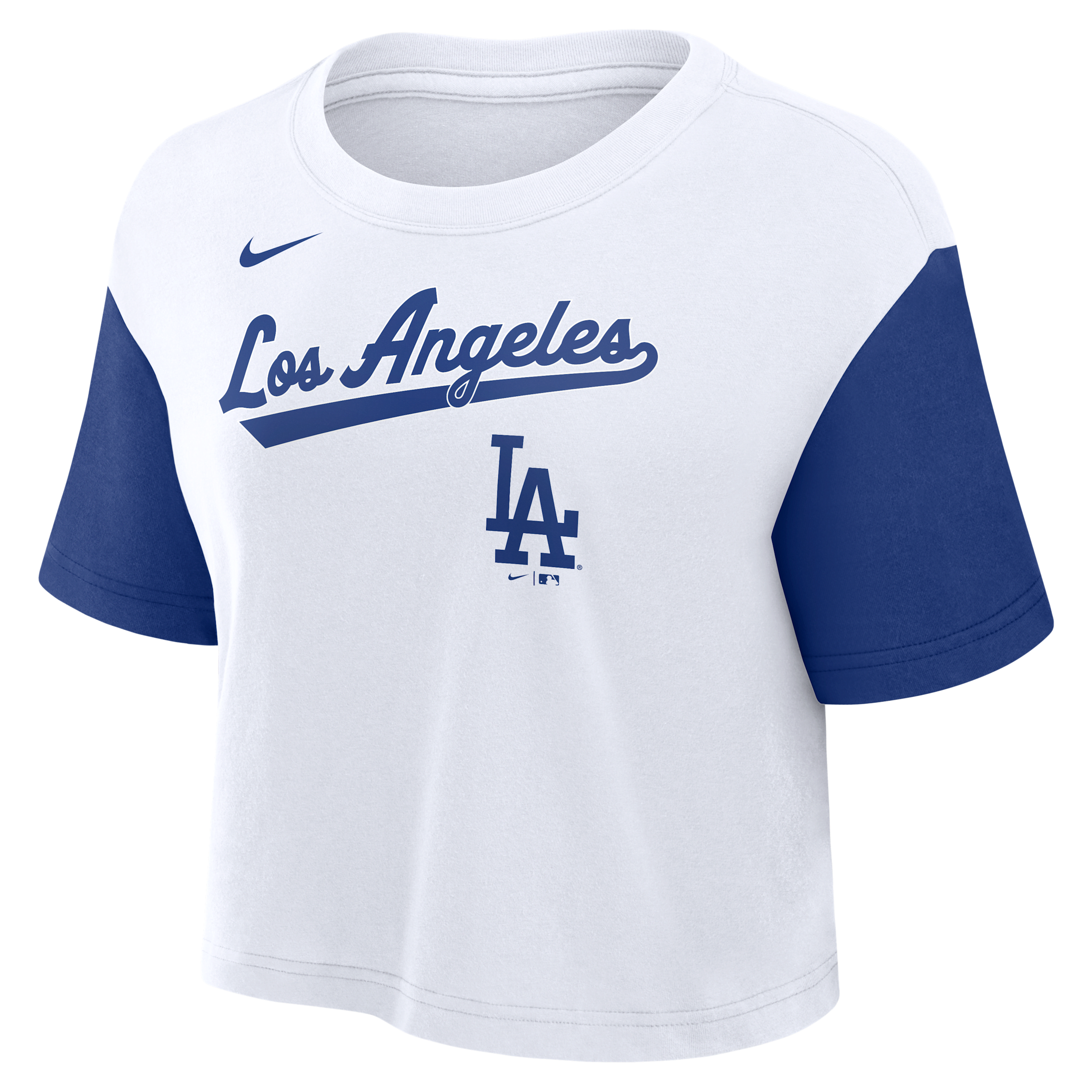 Nike Los Angeles Dodgers Script Women's Dri-fit Mlb Cropped T-shirt In White