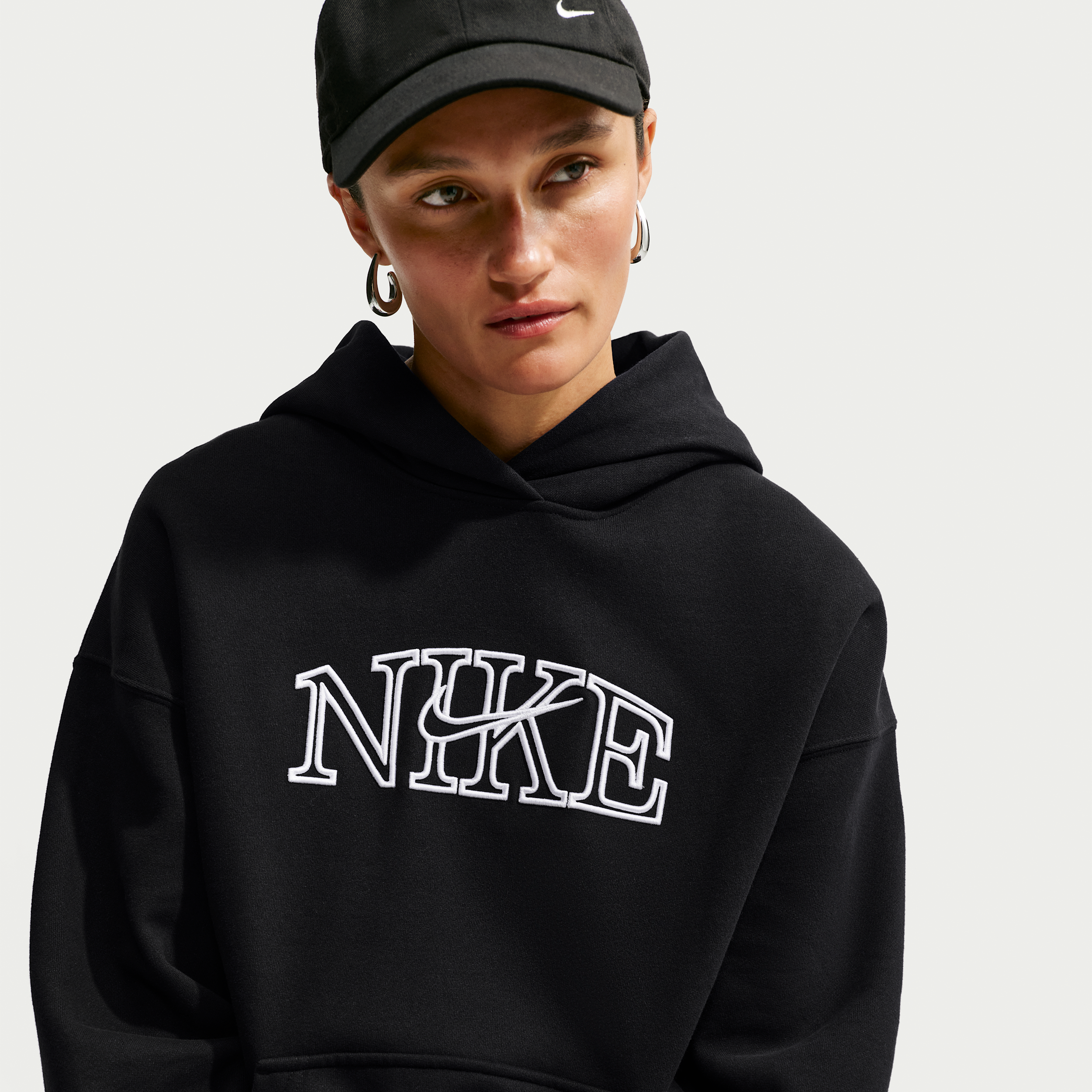 Nike Women's Studio Fleece Medium Weight "Graphic Pack" Oversized Pullover Logo Hoodie in Black | IM9830-001
