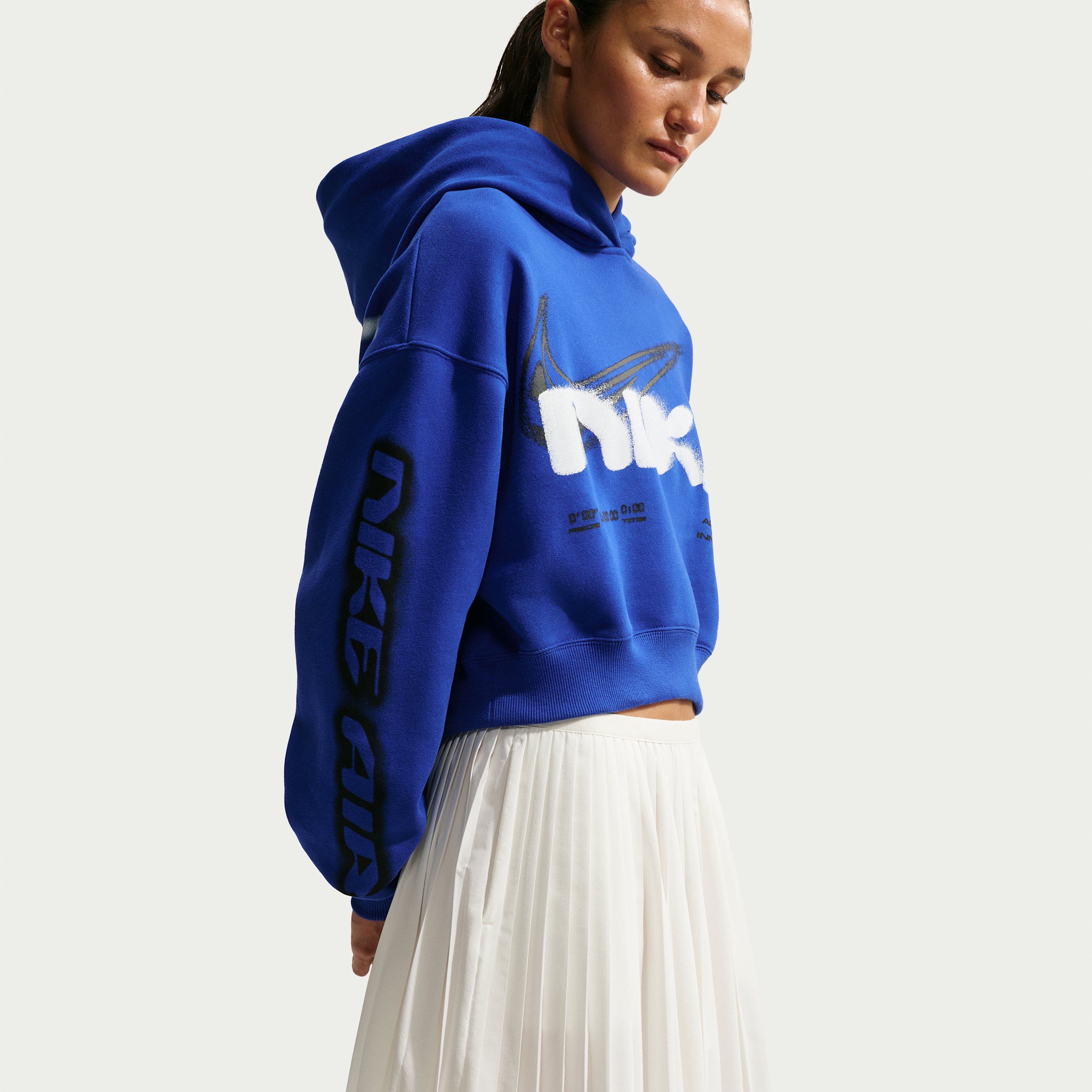 Nike Women's Studio Fleece Medium Weight Cropped Oversized Pullover Hoodie in Blue | IV4952-417