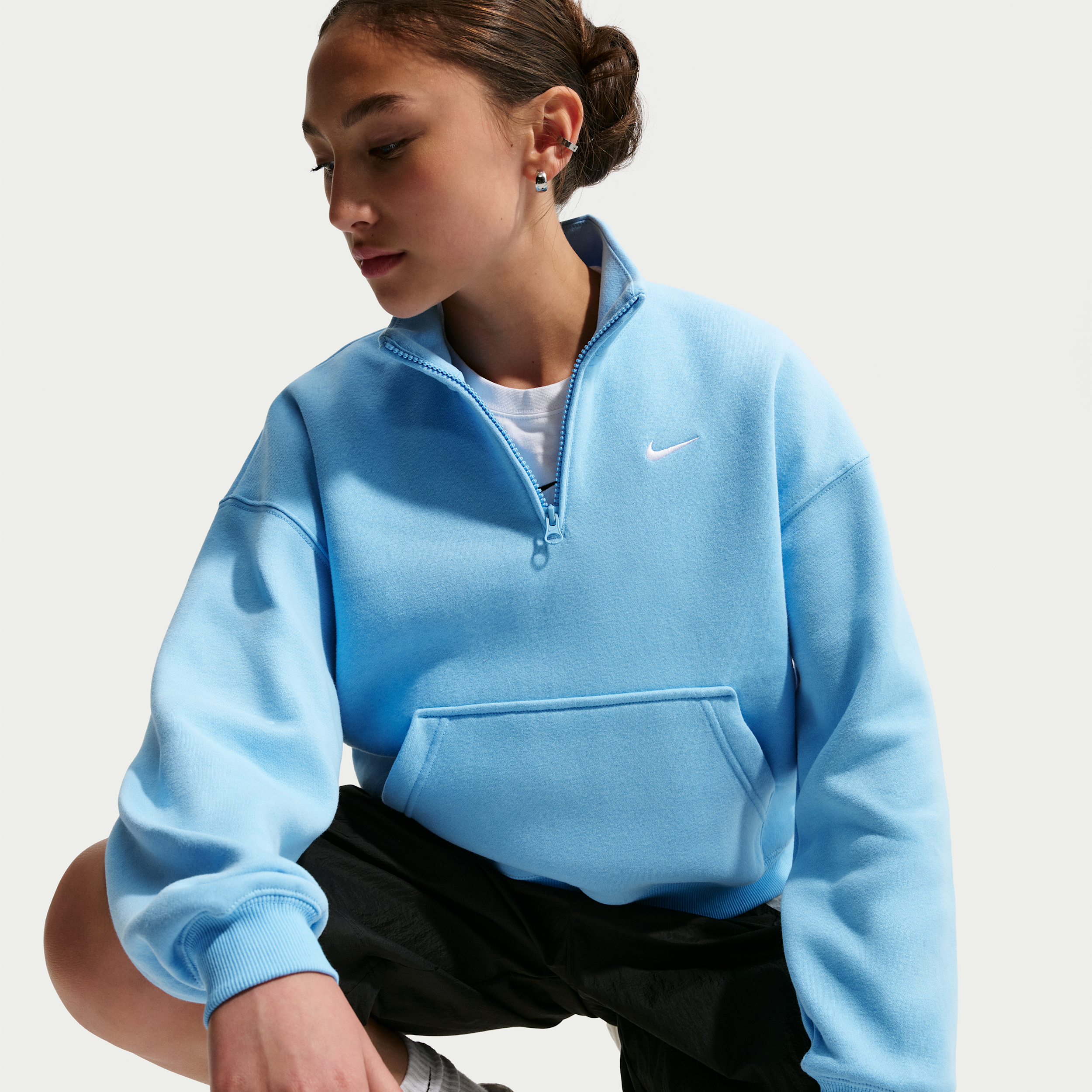 Nike Sportswear Studio Fleece Girls' 7-16 Oversized Quarter-Zip Sweatshirt - Football Blue/White