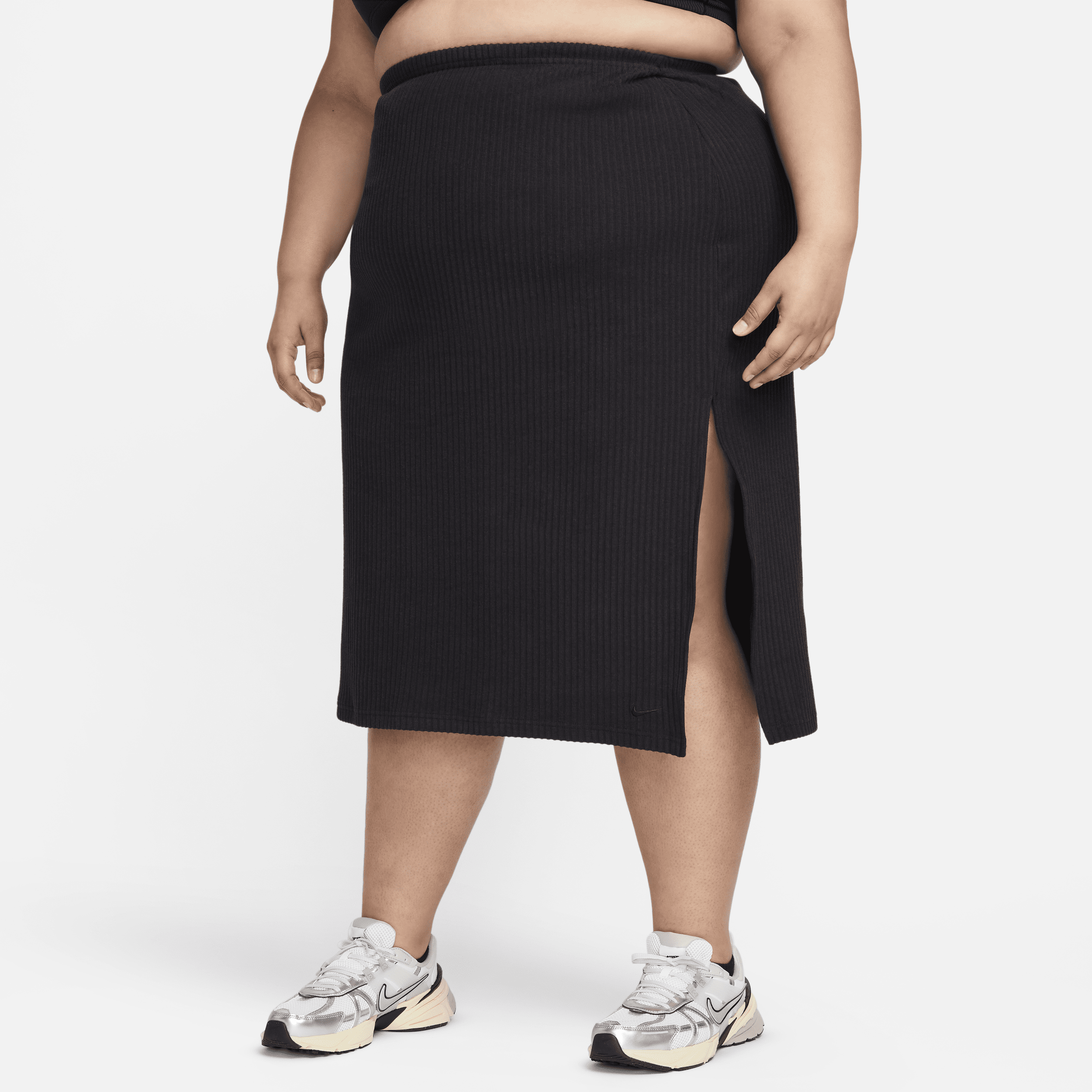 Shop Nike Women's  Sportswear Chill Knit Slim Midi Ribbed Skirt (plus Size) In Black