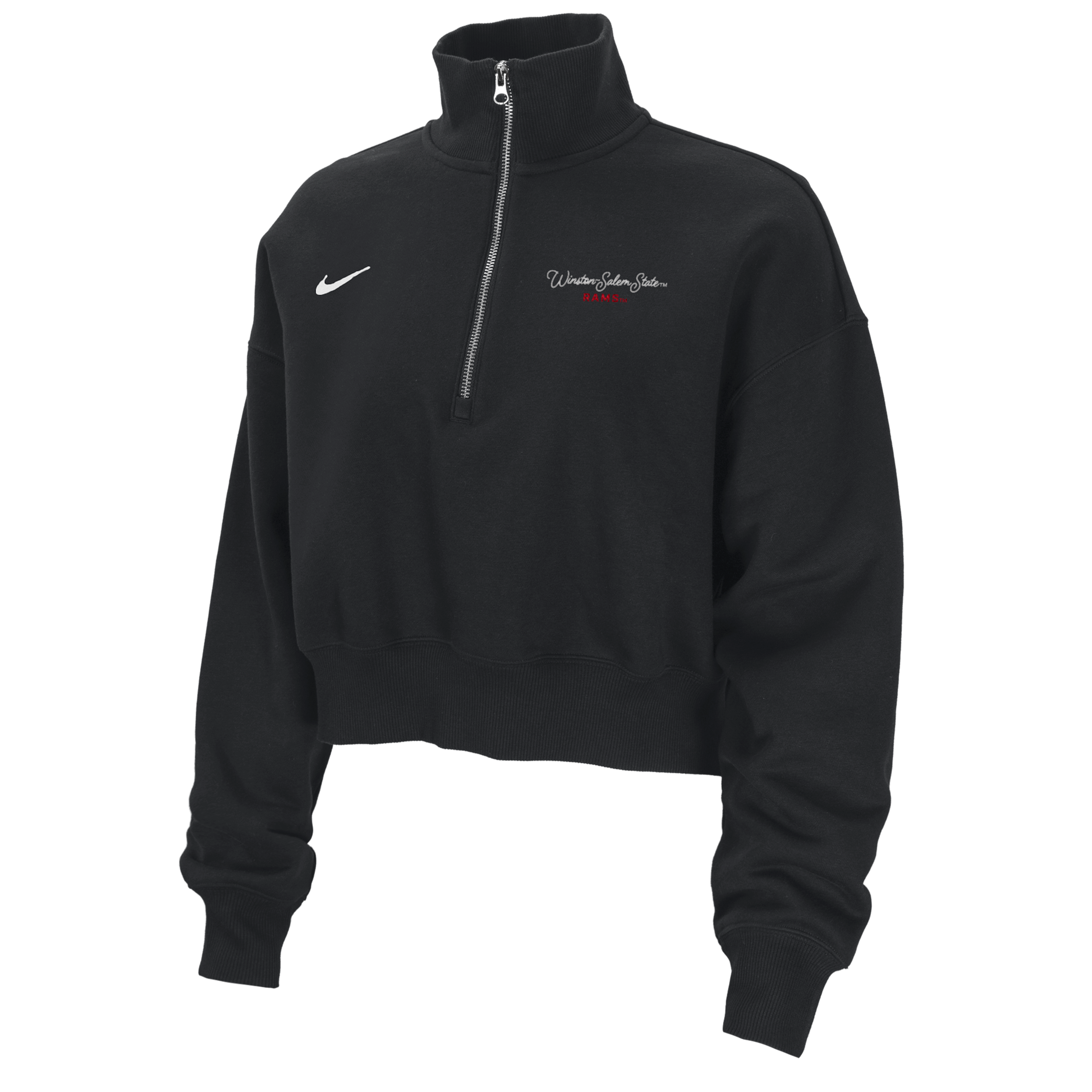 Nike Women's College Phoenix Fleece (Winston-Salem State University) Cropped 1/4-Zip Pullover in Black | ZW34590WISA25-BLK