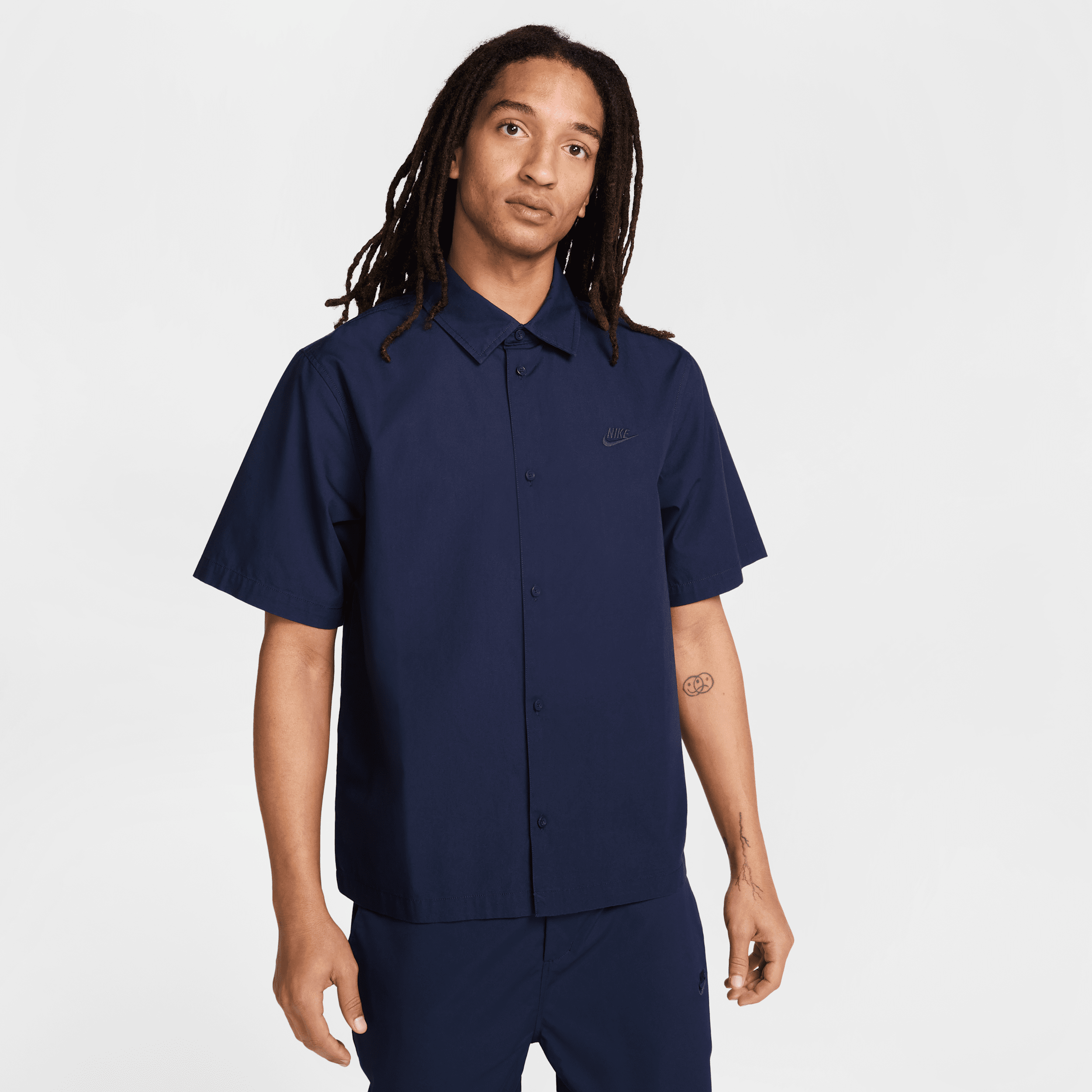 Nike Club Oversize Short Sleeve Cotton Poplin Button-up Shirt In Blue