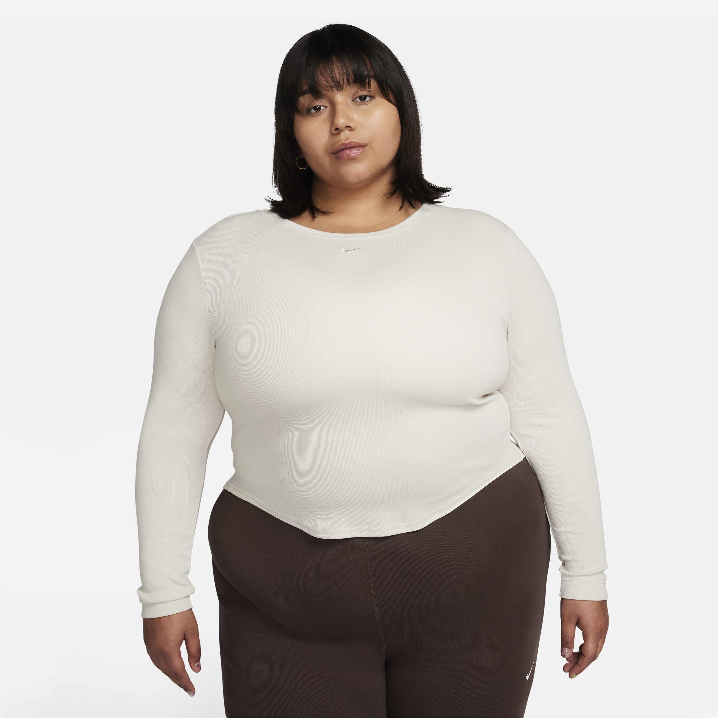 Nike Women's  Sportswear Chill Knit Tight Scoop-back Long-sleeve Mini-rib Top (plus Size) In Brown