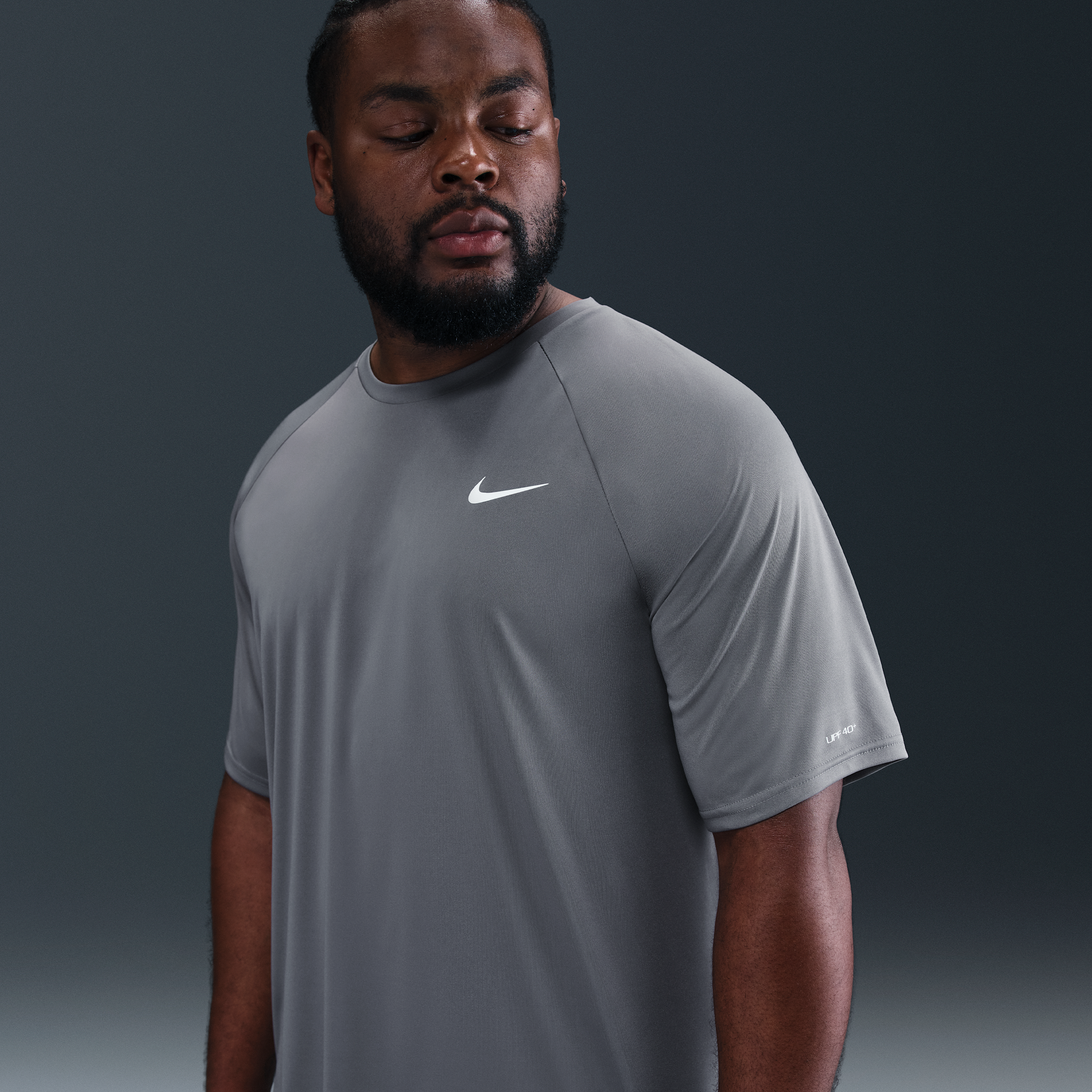 Nike Men's Swim Hydroguard Essential Dri-FIT UV Short Sleeve Top (Big & Tall) in Grey | NESSA700-051