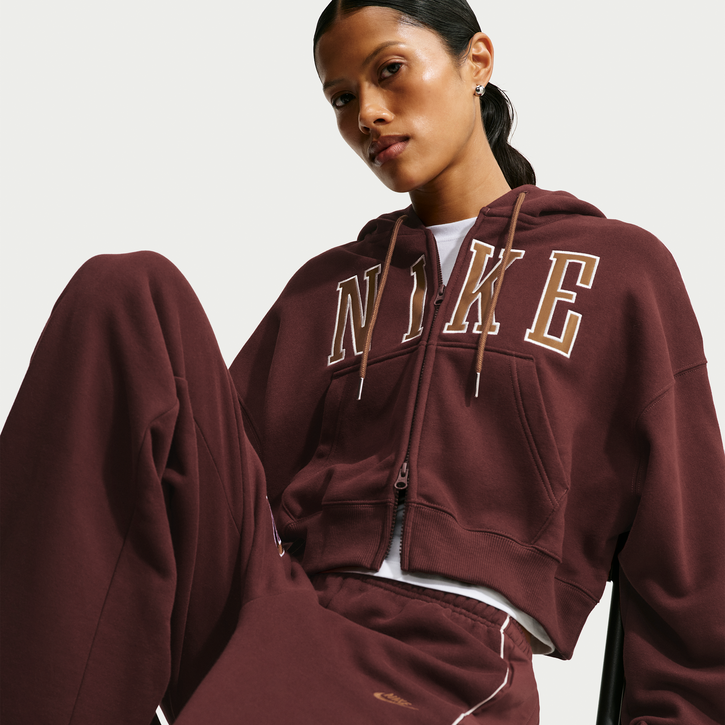 Nike Women's Studio Fleece Medium Weight Oversized Full-Zip Cropped Hoodie in Purple | IU1130-658