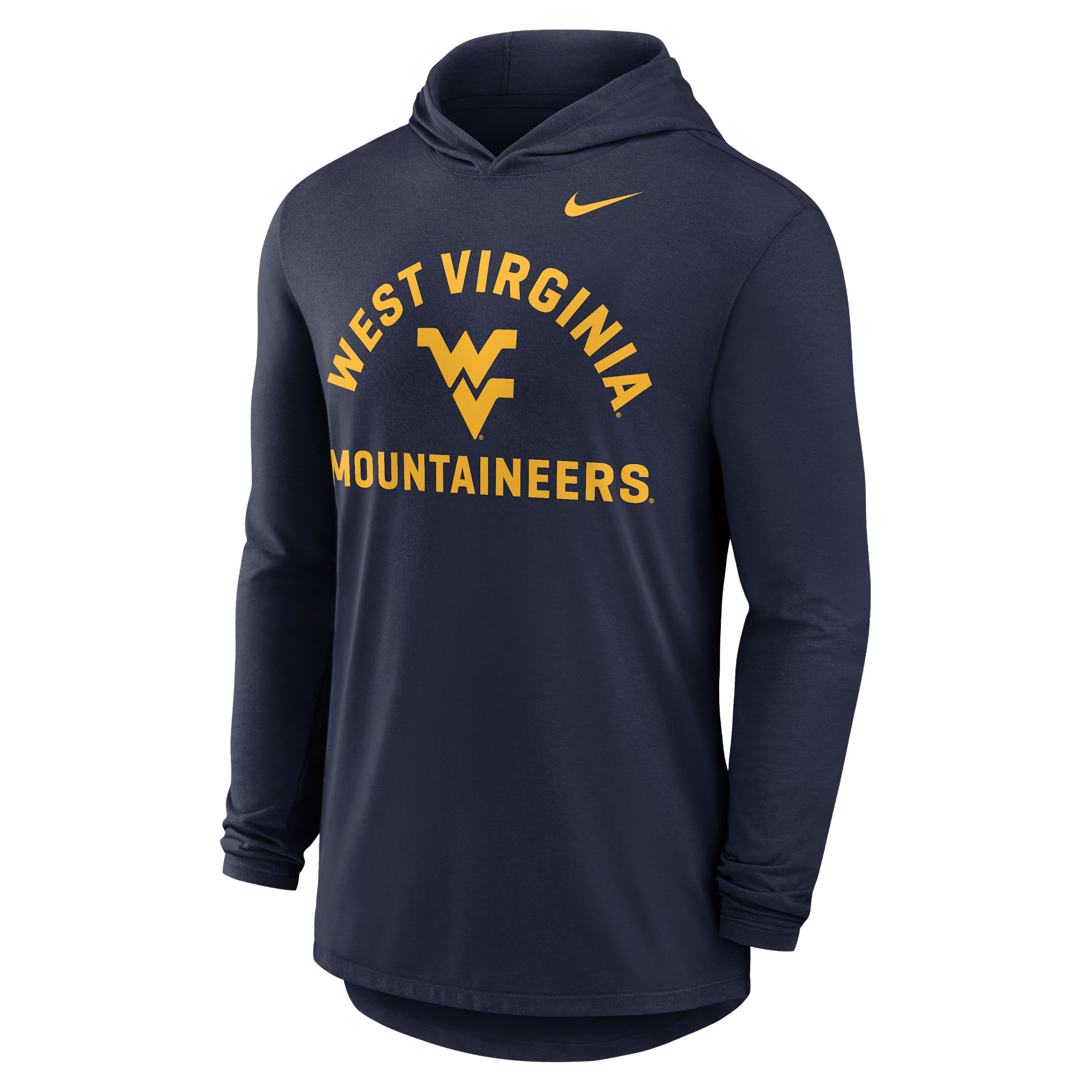 West Virginia Primetime Arch Nike Men's Dri-FIT College Long-Sleeve Hooded T-Shirt in Blue | 01NB41SWVN-UKL