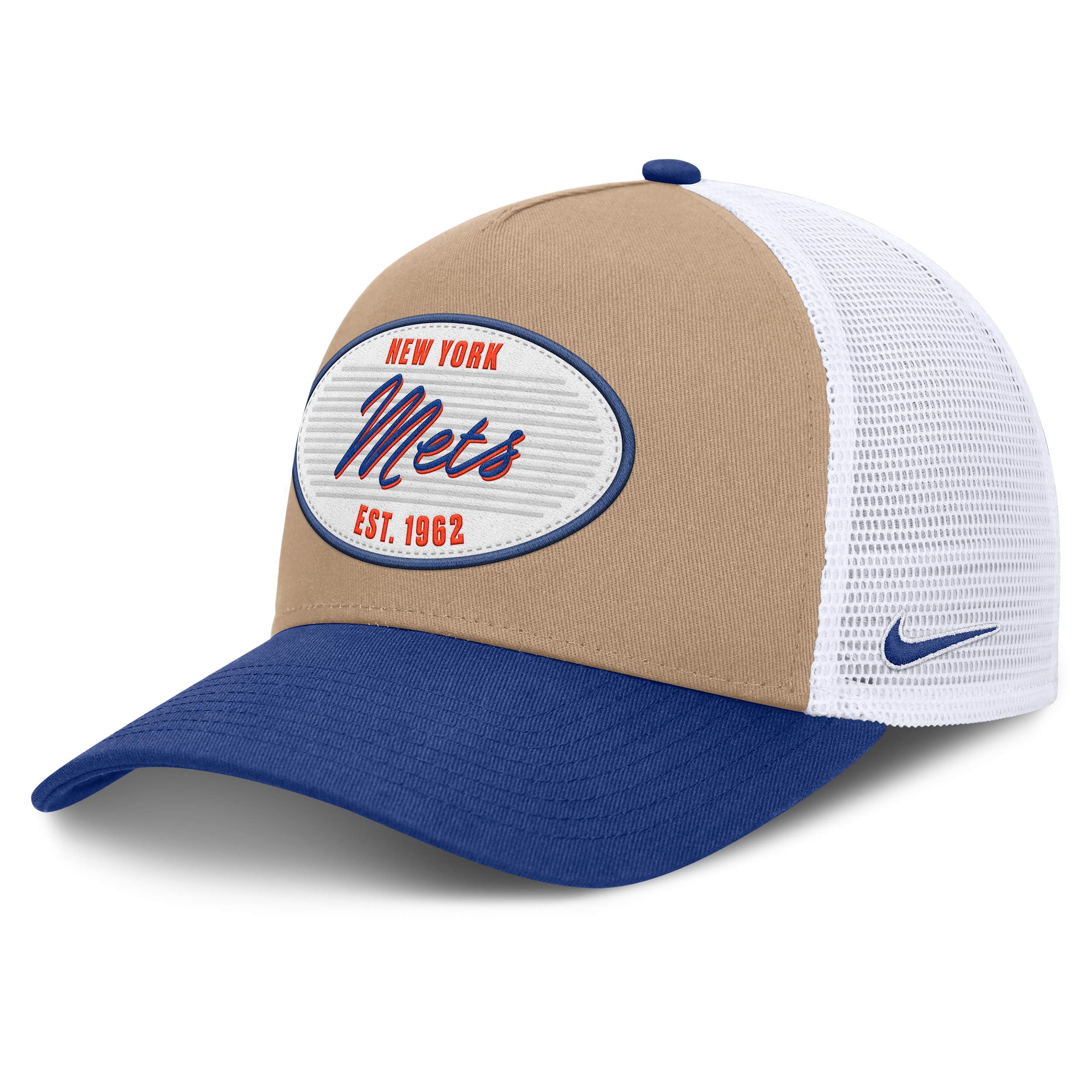 New York Mets Rise Nike Men's MLB A-Frame Trucker Adjustable Hat in Brown | NB1F0JOUNME-G3T