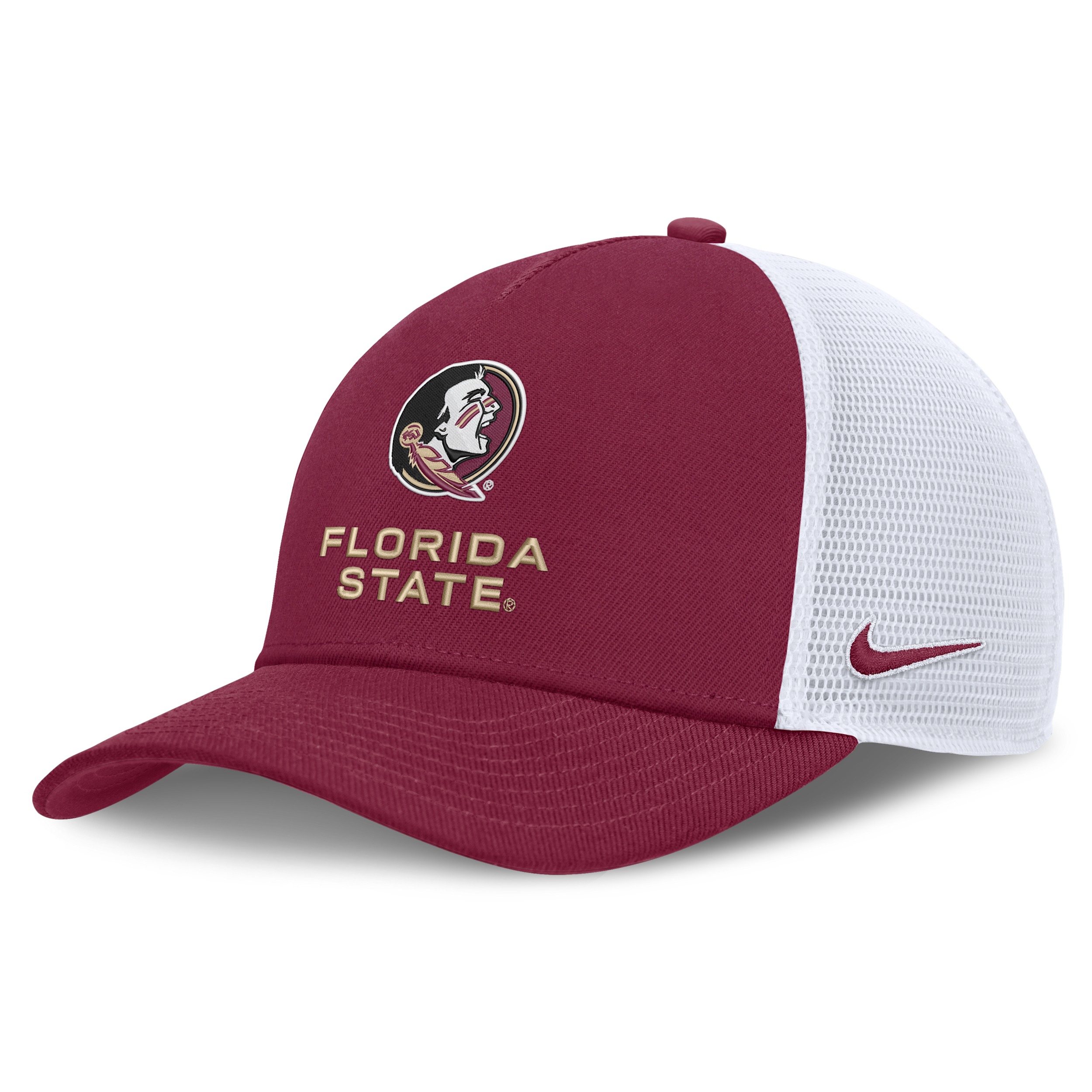 Nike Adult Florida State Seminoles Maroon and White Rise Game Day 5 Panel Structured Trucker Hat, Men's, Medium/Large, Red