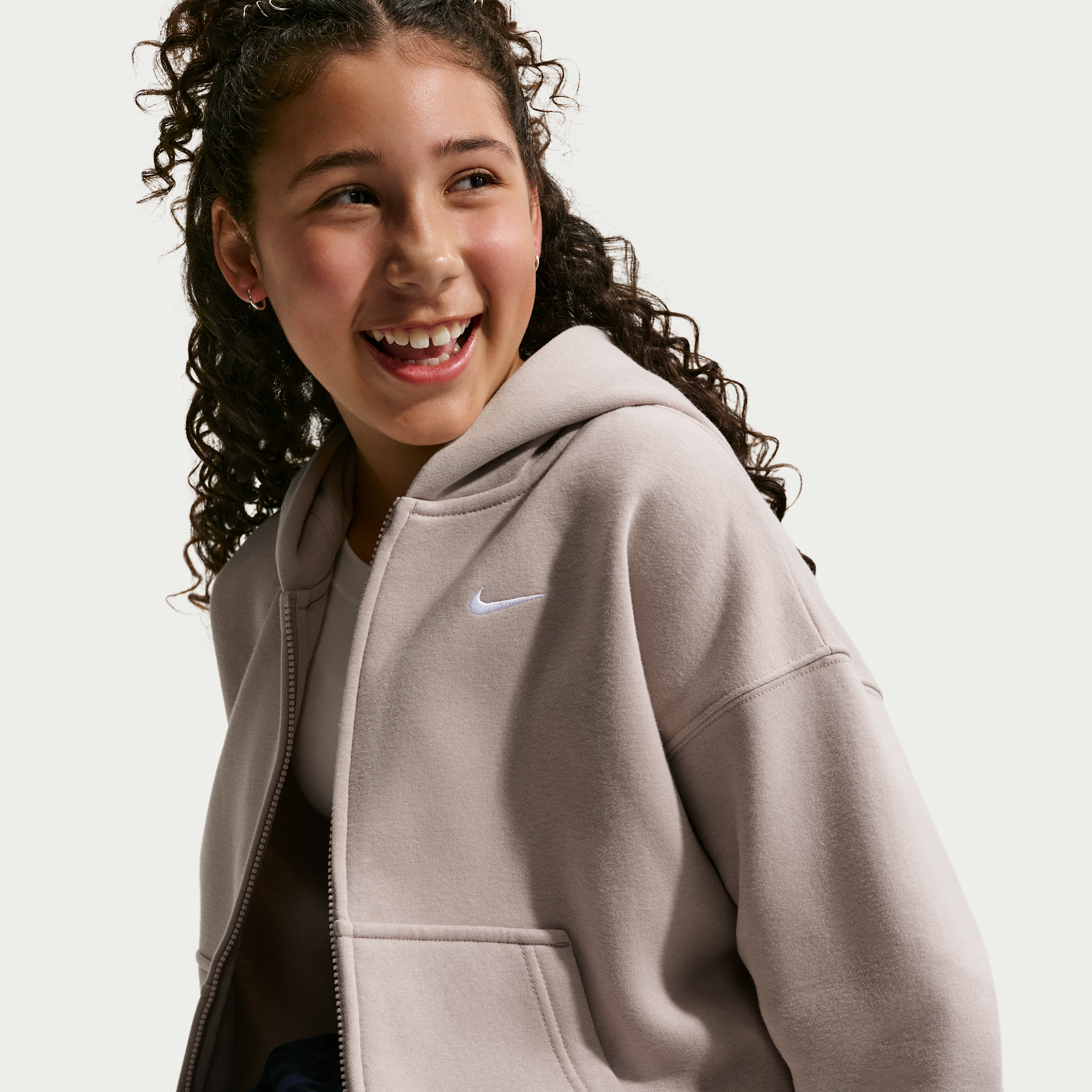 Nike Sportswear Studio Fleece Big Kids' (Girls') Oversized Full-Zip Hoodie in Brown | IM4904-211