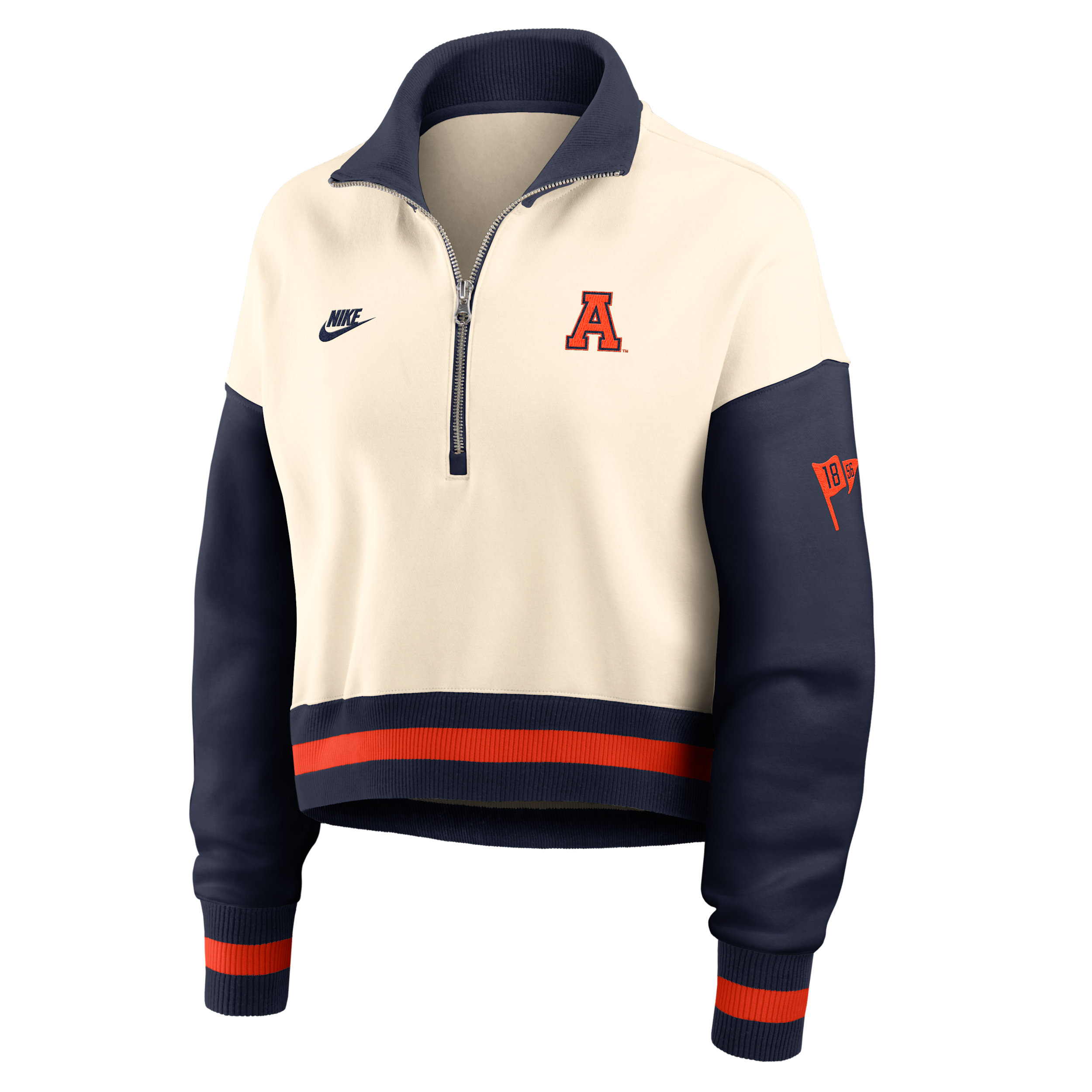 Nike Women's Natural, Navy Auburn Tigers Oversized Legacy Color Block Cropped Quarter-Zip Pullover - Natural, Navy