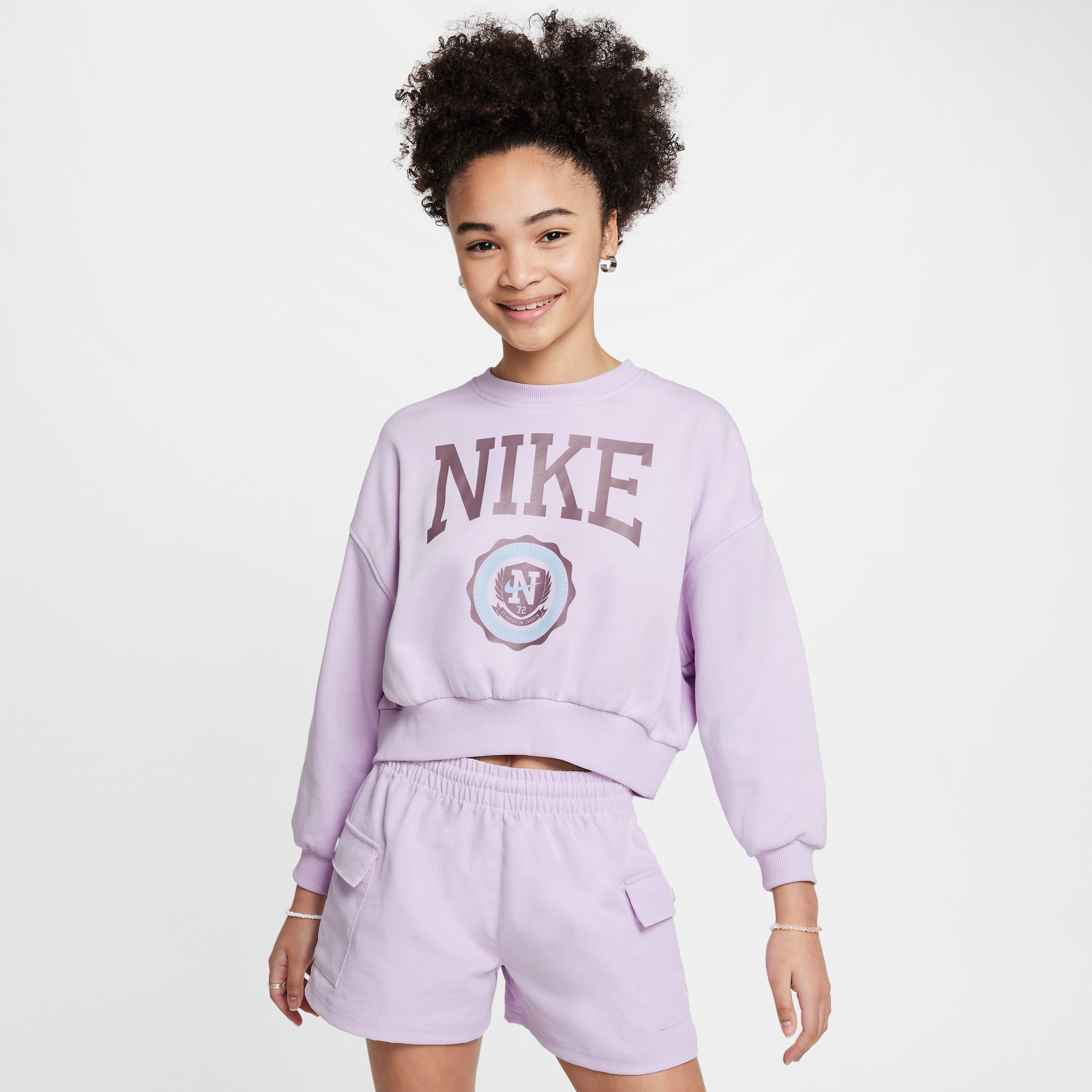 Unisex Nike Sportswear Club Girls' French Terry Crew-Neck Sweatshirt in Purple | HJ3373-537