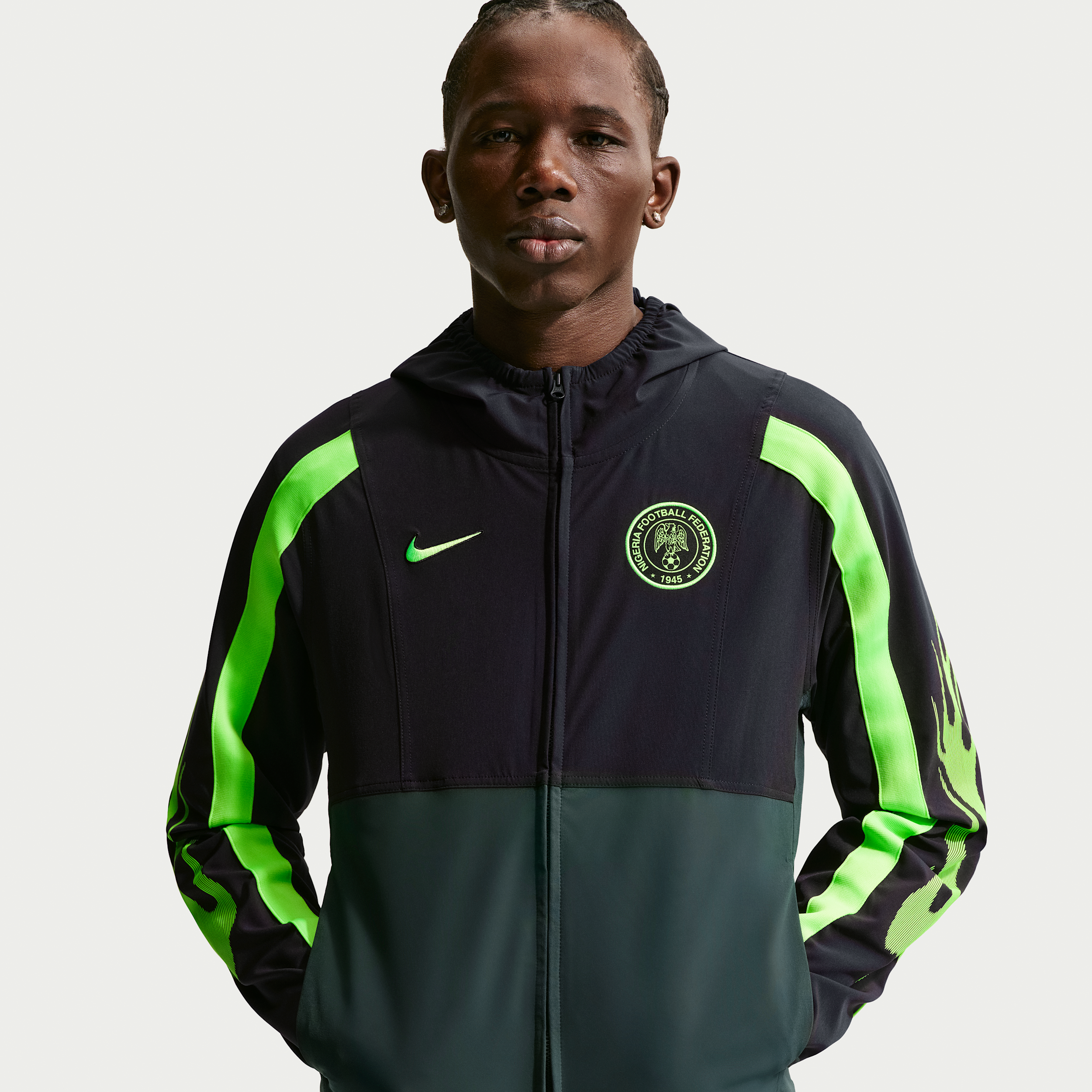 Nike Men's Nigeria Energy Dri-FIT Soccer Full-Zip Woven Jacket in Black/Pro Green/Electric Green Size: XL