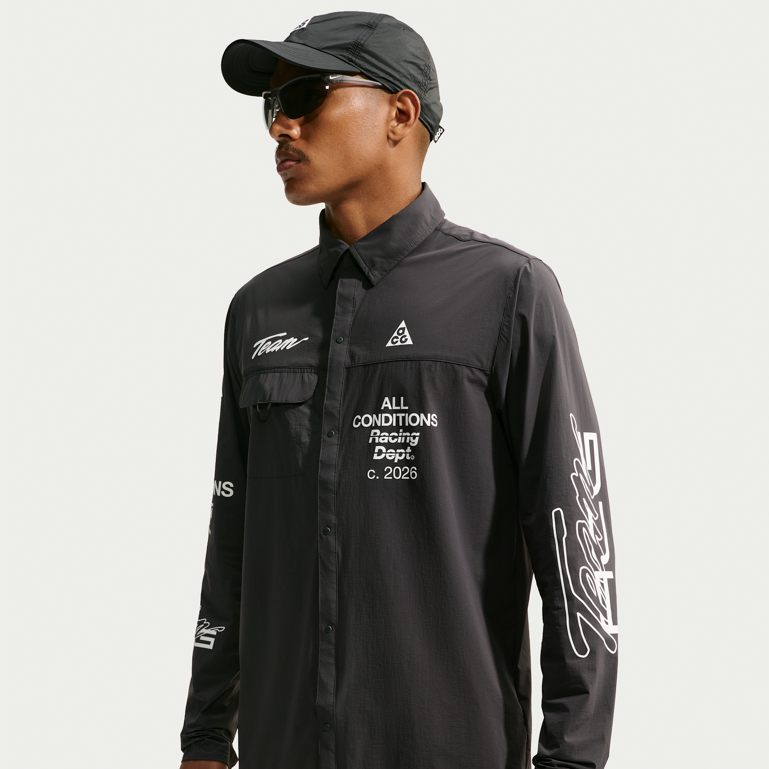 Men's Nike ACG Aireez UV Protection Button-Up Long-Sleeve Graphic Top in Grey | IU8150-070