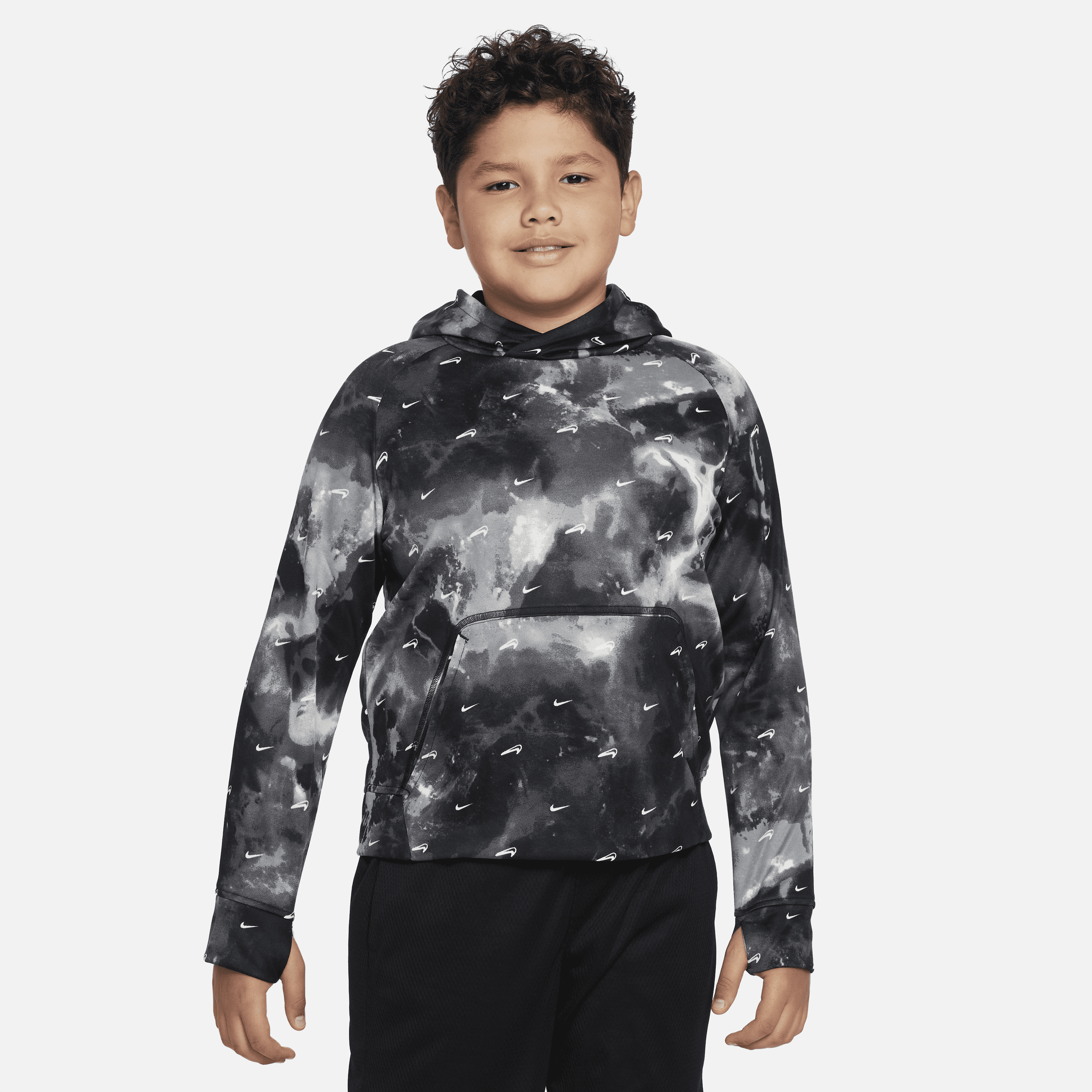 Nike Therma-fit Big Kids' (boys') Printed Pullover Hoodie (extended Size) In Black