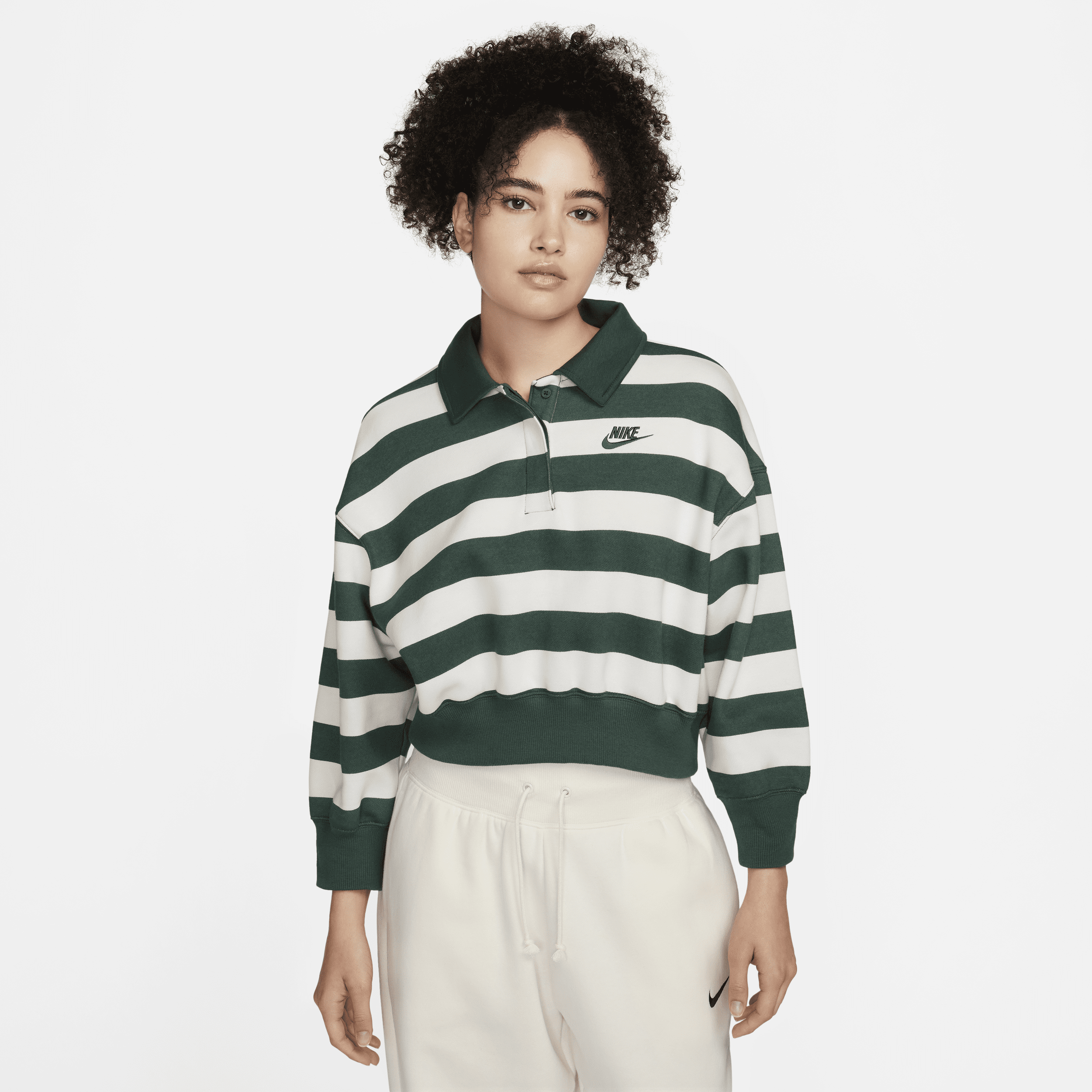 Nike Women's  Sportswear Phoenix Fleece Oversized 3/4-sleeve Striped Crop Polo In Green