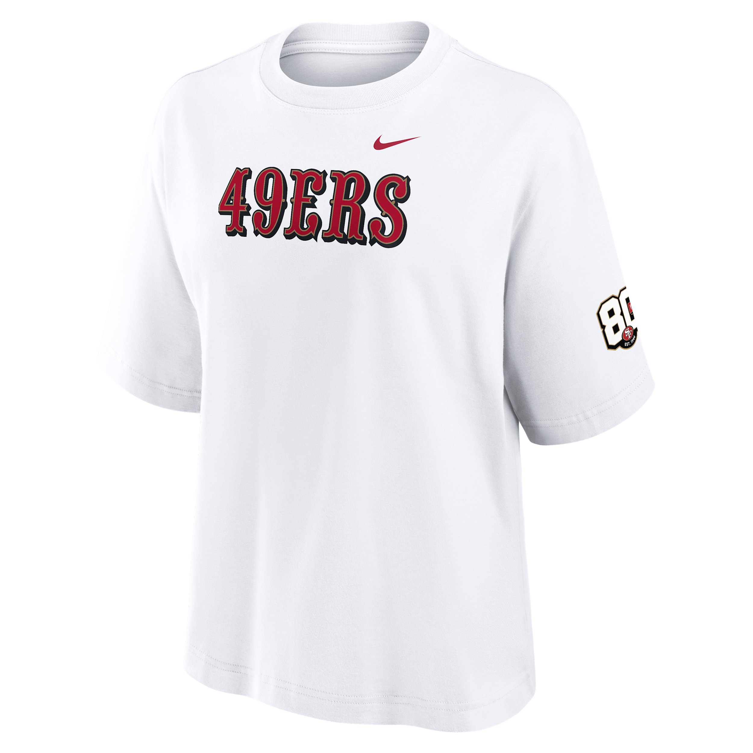 San Francisco 49ers 80th Anniversary Boxy Nike Women's NFL T-Shirt in White | 01CM10A9B-WKR