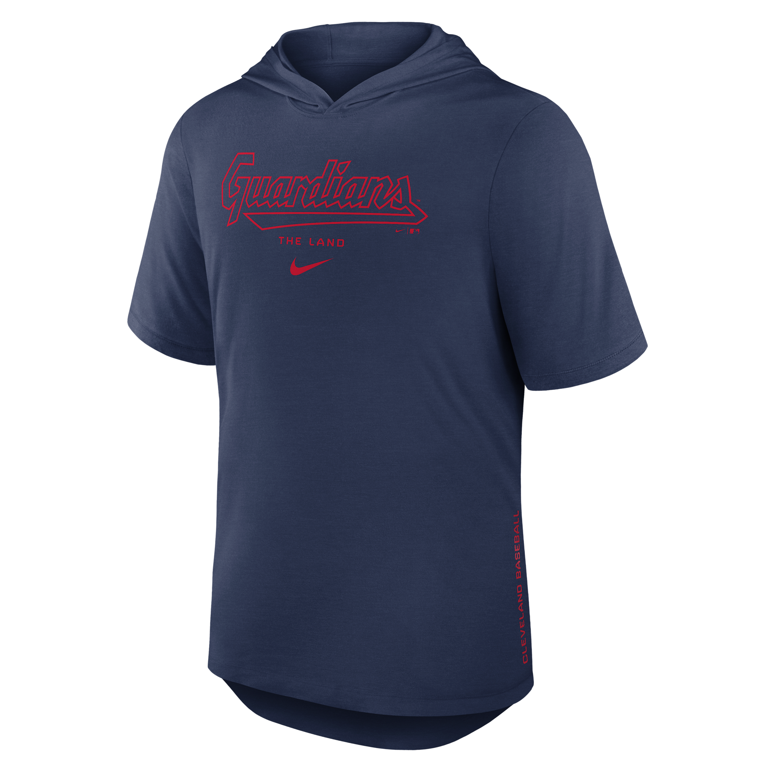 Cleveland Guardians Arched Wordmark Nike Men's Dri-FIT MLB Hooded T-Shirt in Blue | 03NB44BGUA-6XV