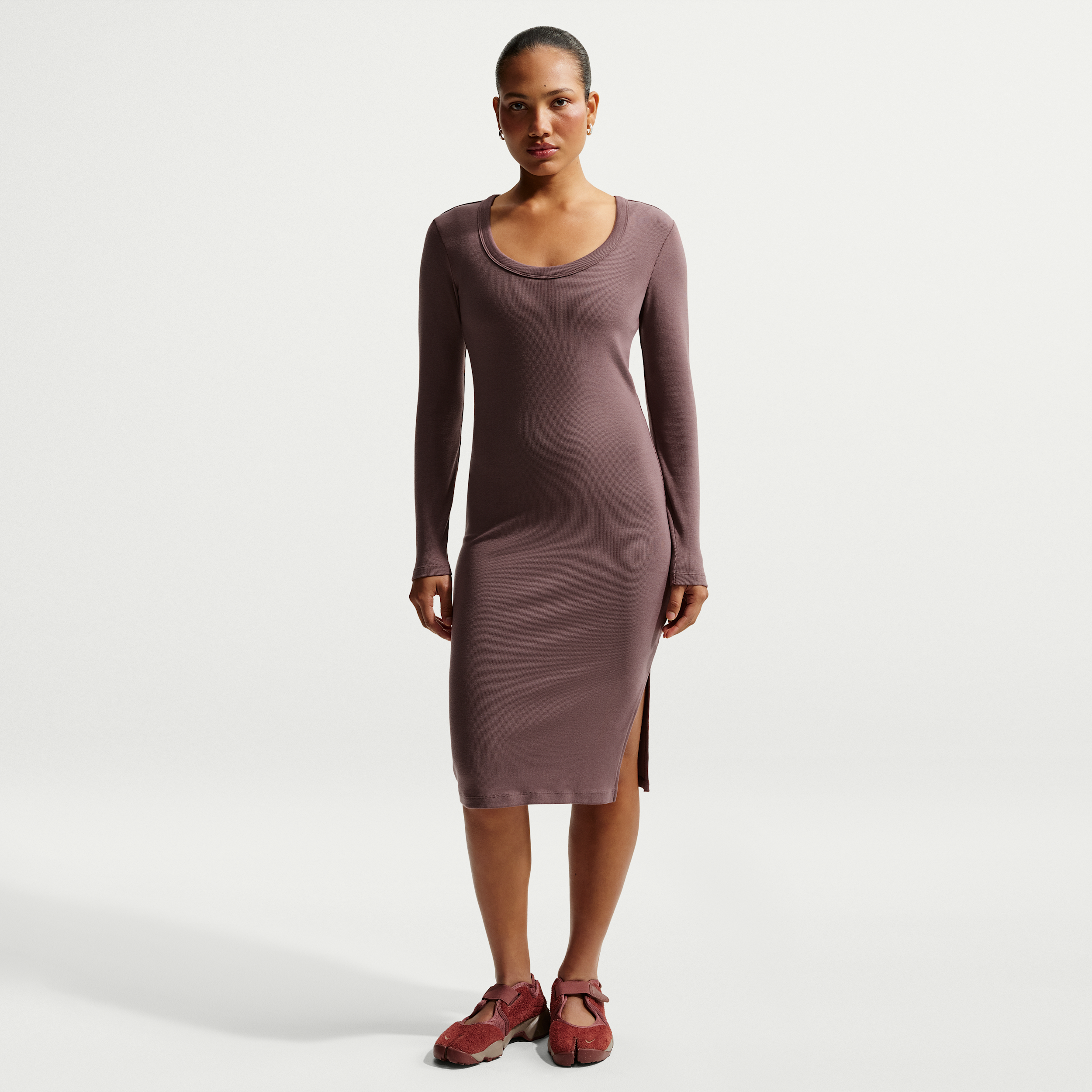 Women's Nike Sportswear Chill Knit Tight Long-Sleeve Midi Mini-Rib Dress in Purple | HV2799-502