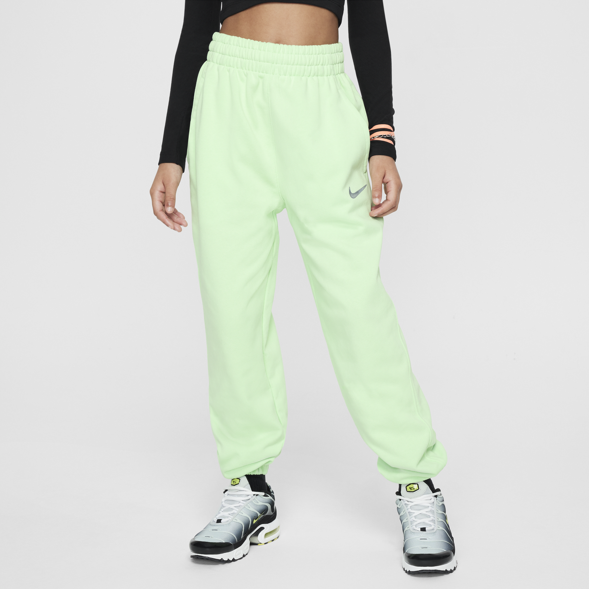 Shop Nike Sportswear Big Kids' (girls') Dri-fit Loose Fleece Jogger Pants In Green