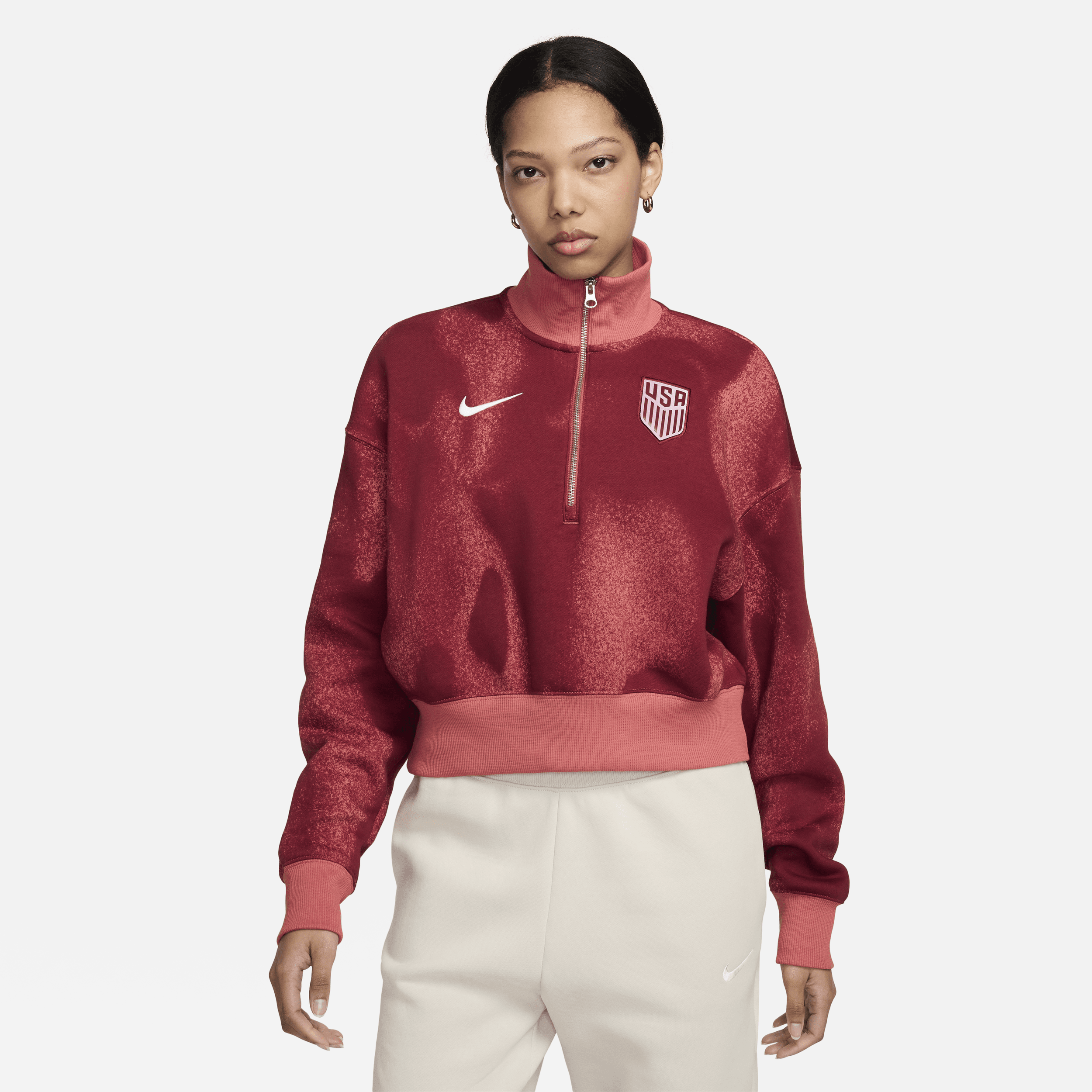 Shop Nike Usmnt Phoenix Fleece  Women's Soccer Oversized 1/2-zip Crop Sweatshirt In Red