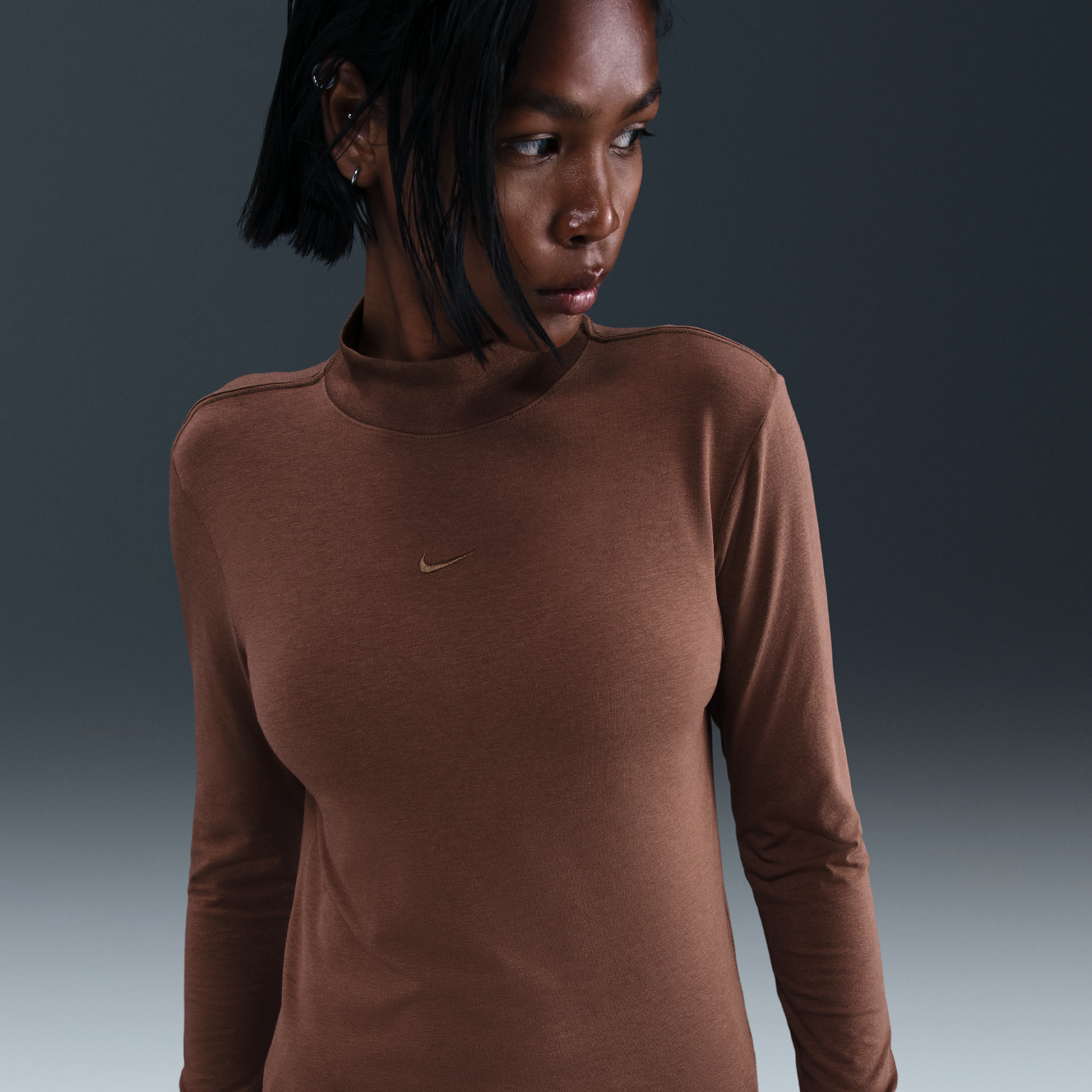 Nike Women's  Sportswear Chill Knit Slim Long-sleeve Mock-neck T-shirt In Brown