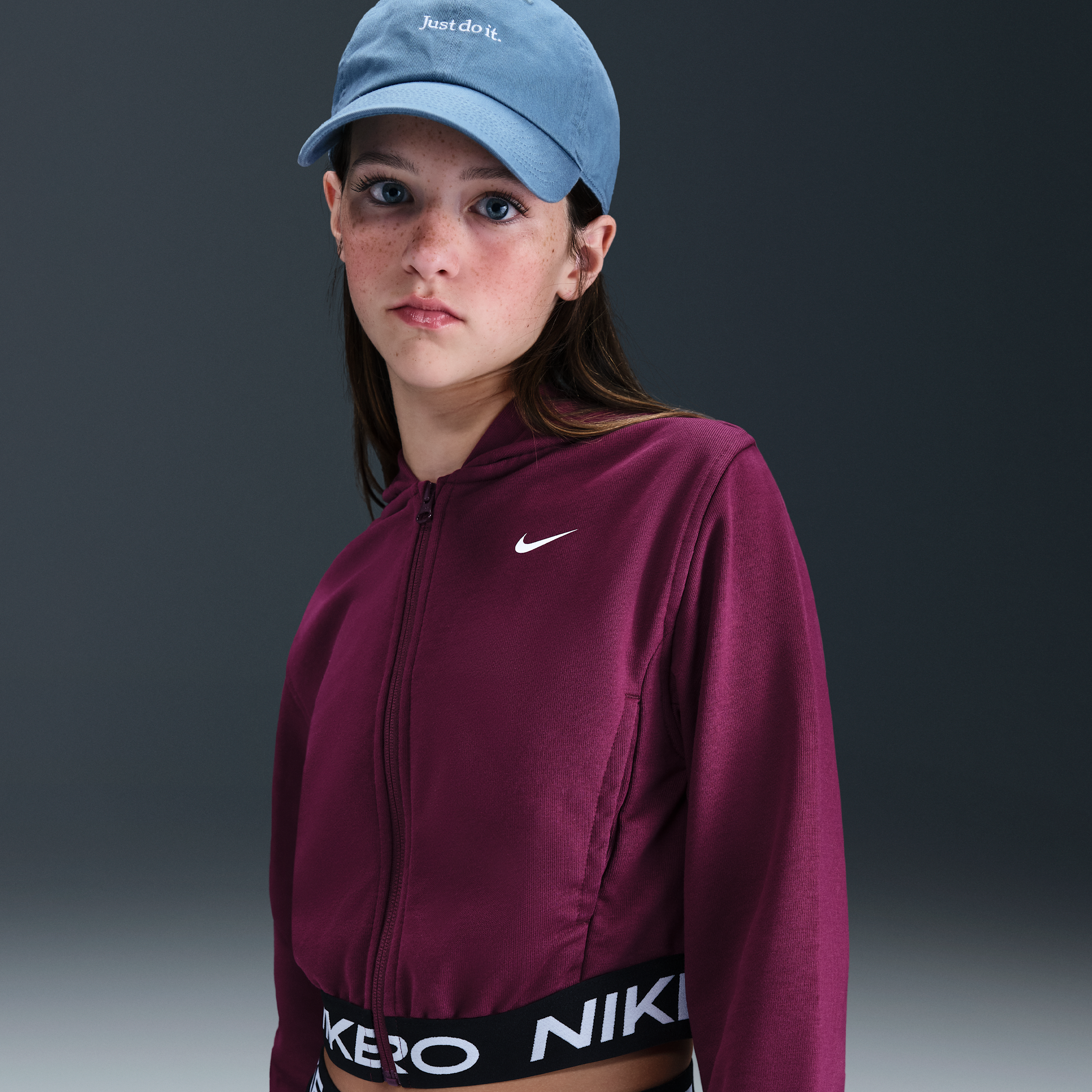 Nike Pro Fleece Big Kids' (Girls') Dri-FIT Full-Zip Hoodie in Red | HQ9312-610