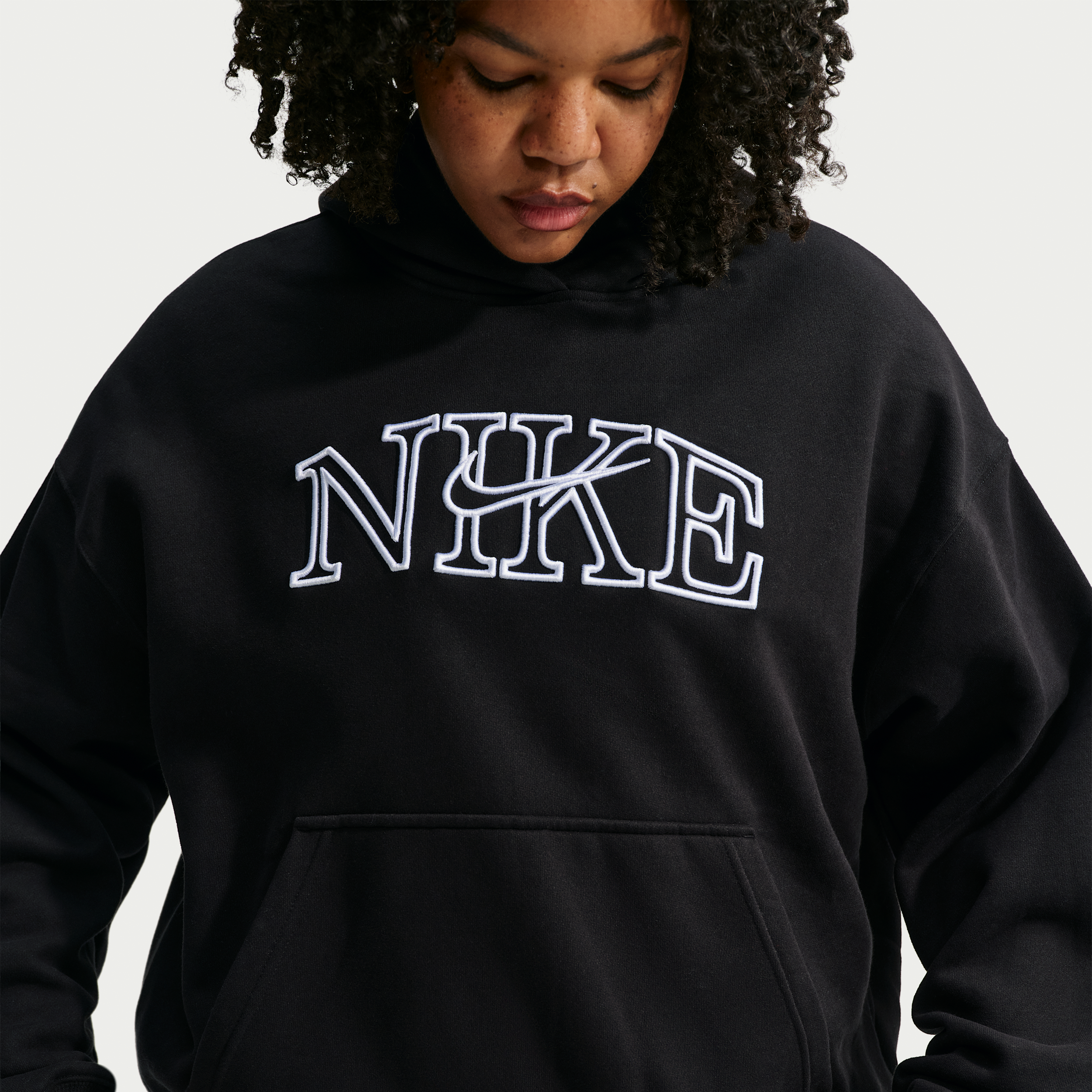Nike Women's Studio Fleece Medium Weight Oversized Pullover Logo Hoodie (Plus Size) in Black | IM9832-001
