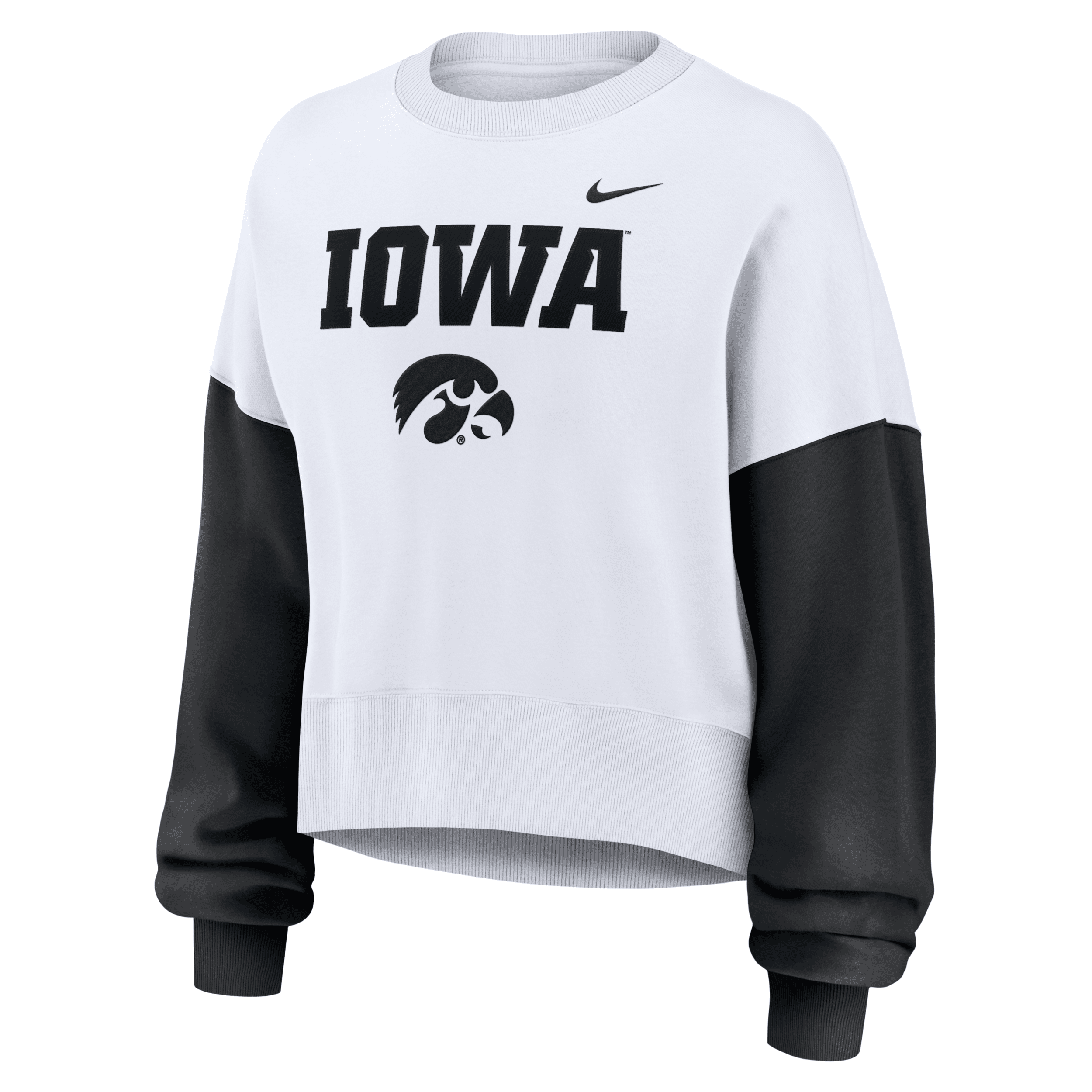 Nike Women's White Iowa Hawkeyes Color-block Oversized Cropped Pullover Sweatshirt In White