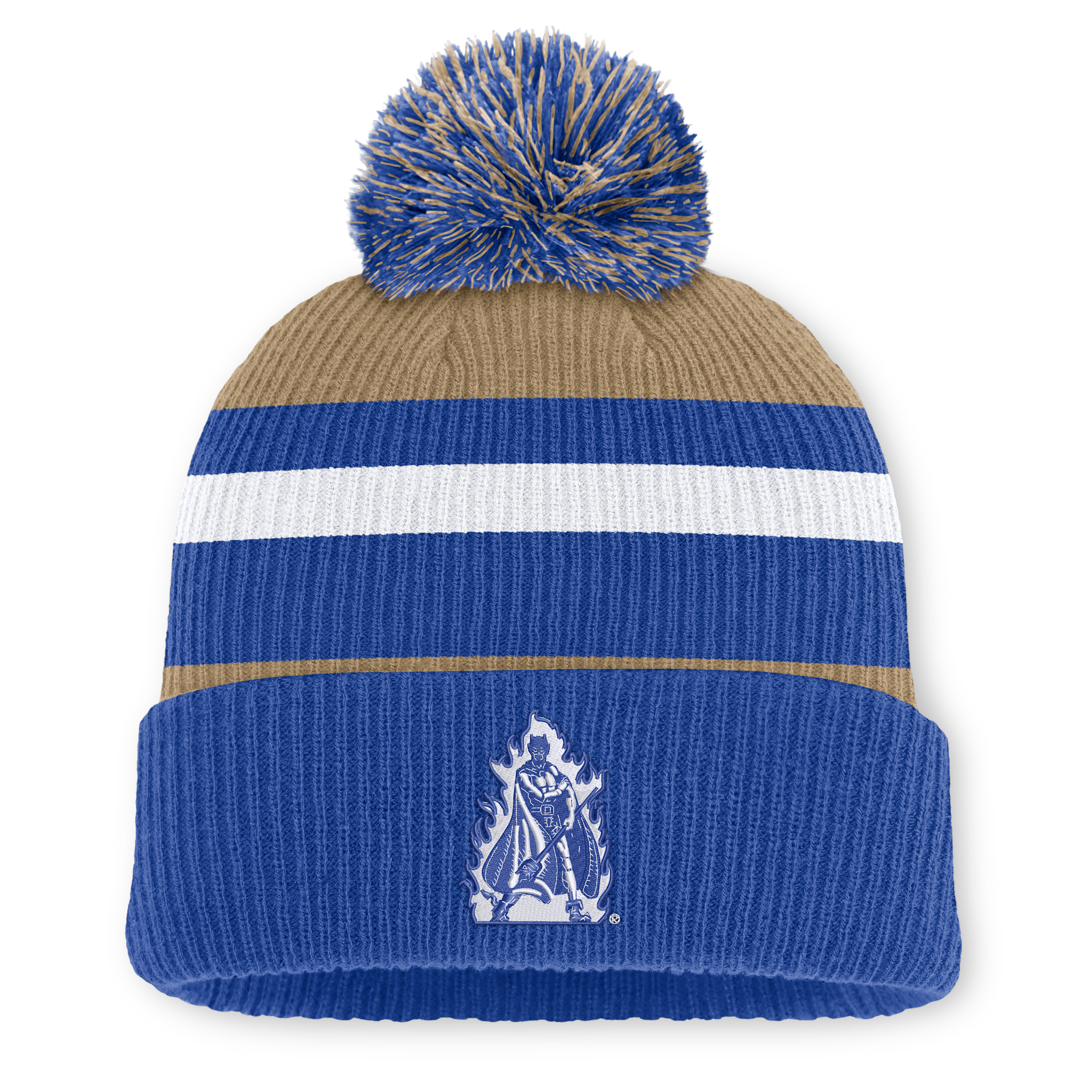 Men's and Women's Nike Royal/Beige Duke Blue Devils Legacy Striped Cuffed Knit Hat with Pom - Beige, Royal