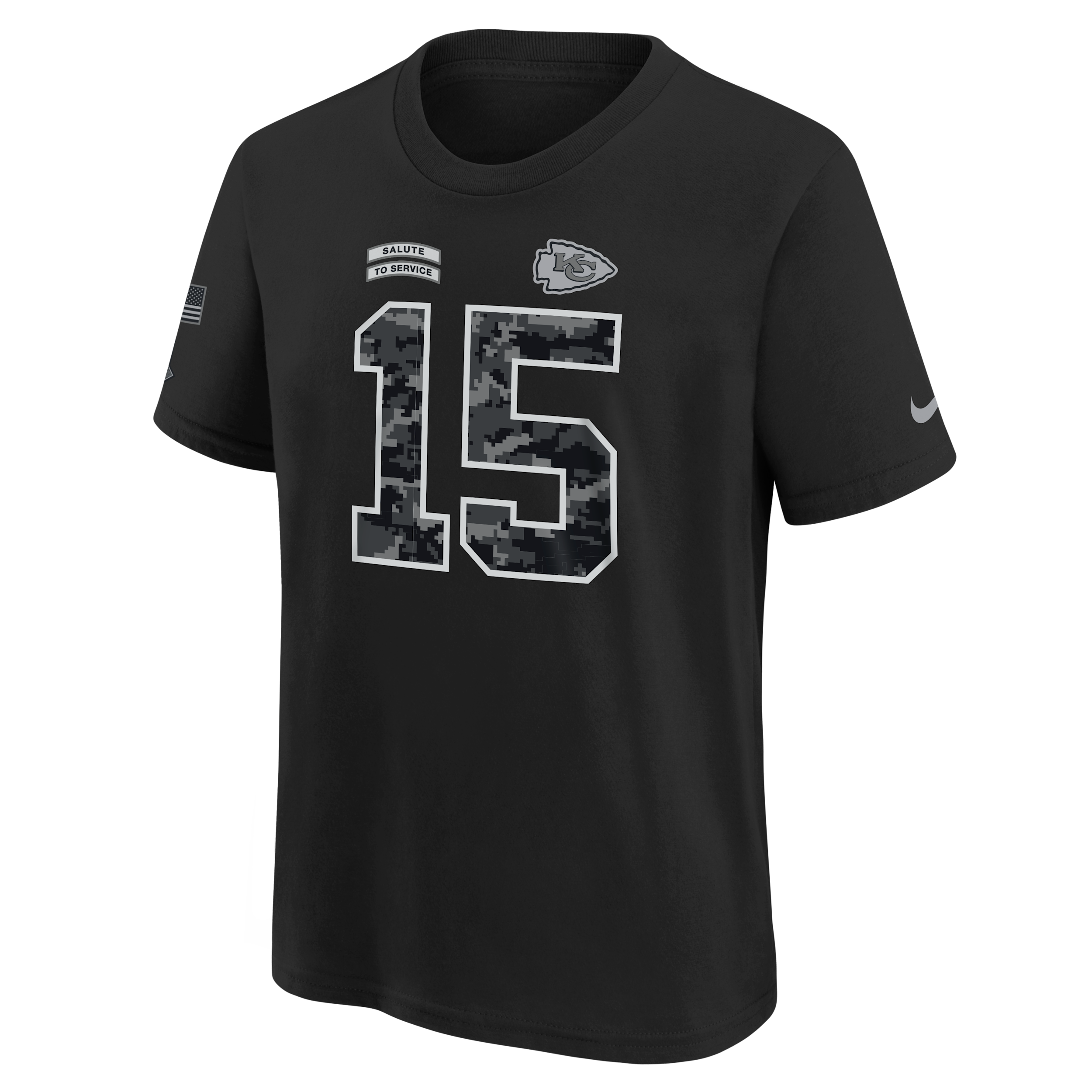 Nike Big Boys' and Girls' Patrick Mahomes Black Kansas City Chiefs 2026 Salute to Service Name & Number T-Shirt - Black