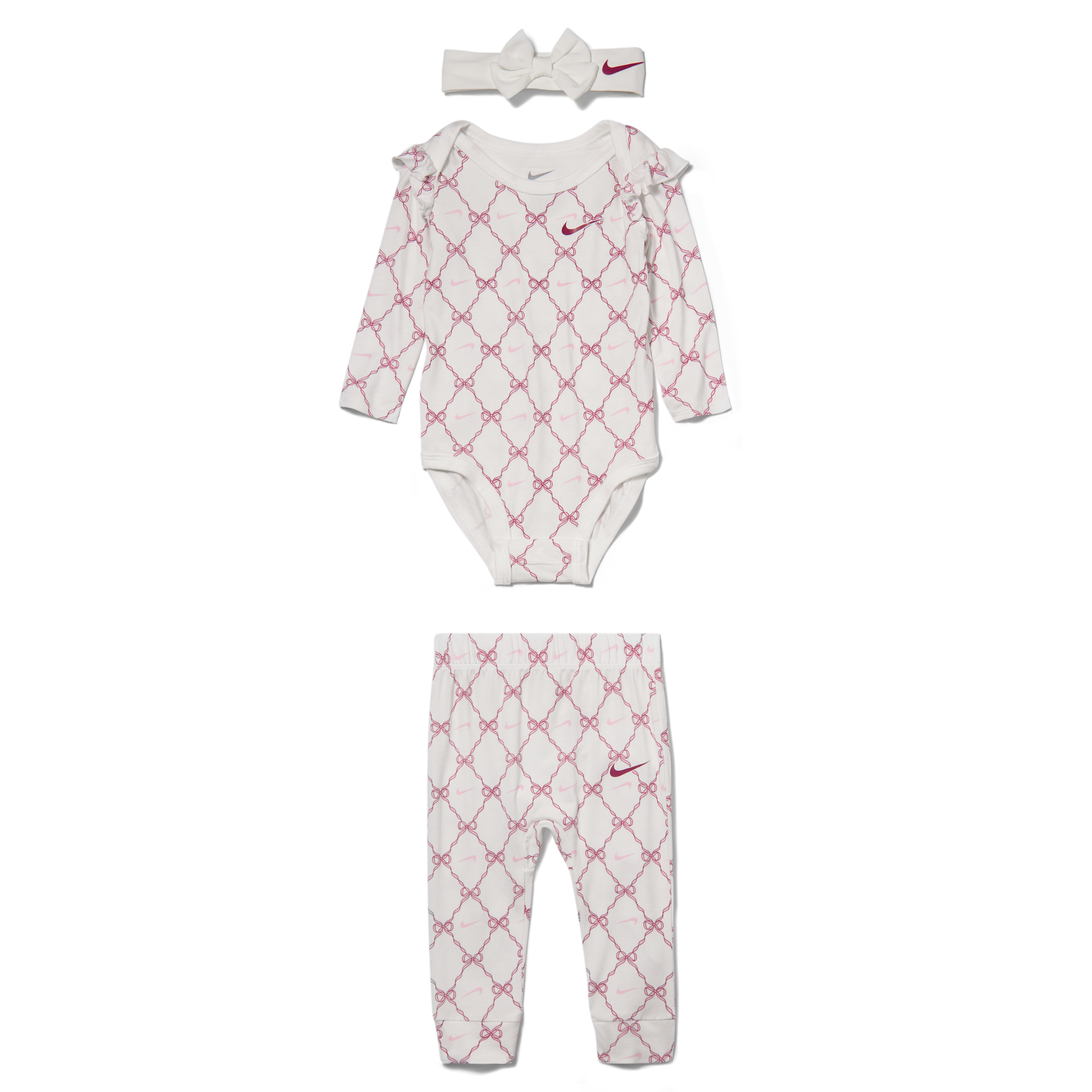 Nike Baby Girls' Long-Sleeve Bow-Print Bodysuit, Pants and Headband, 3-Piece Set - Sail/Sweet Beet