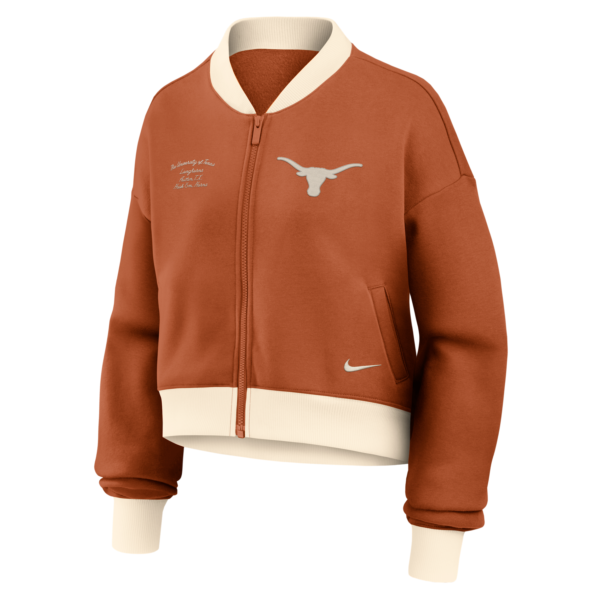 Texas Academic Nike Women's College Oversized Cropped Full-Zip Bomber Jacket in Orange | 050M0F1CTXE-XVR