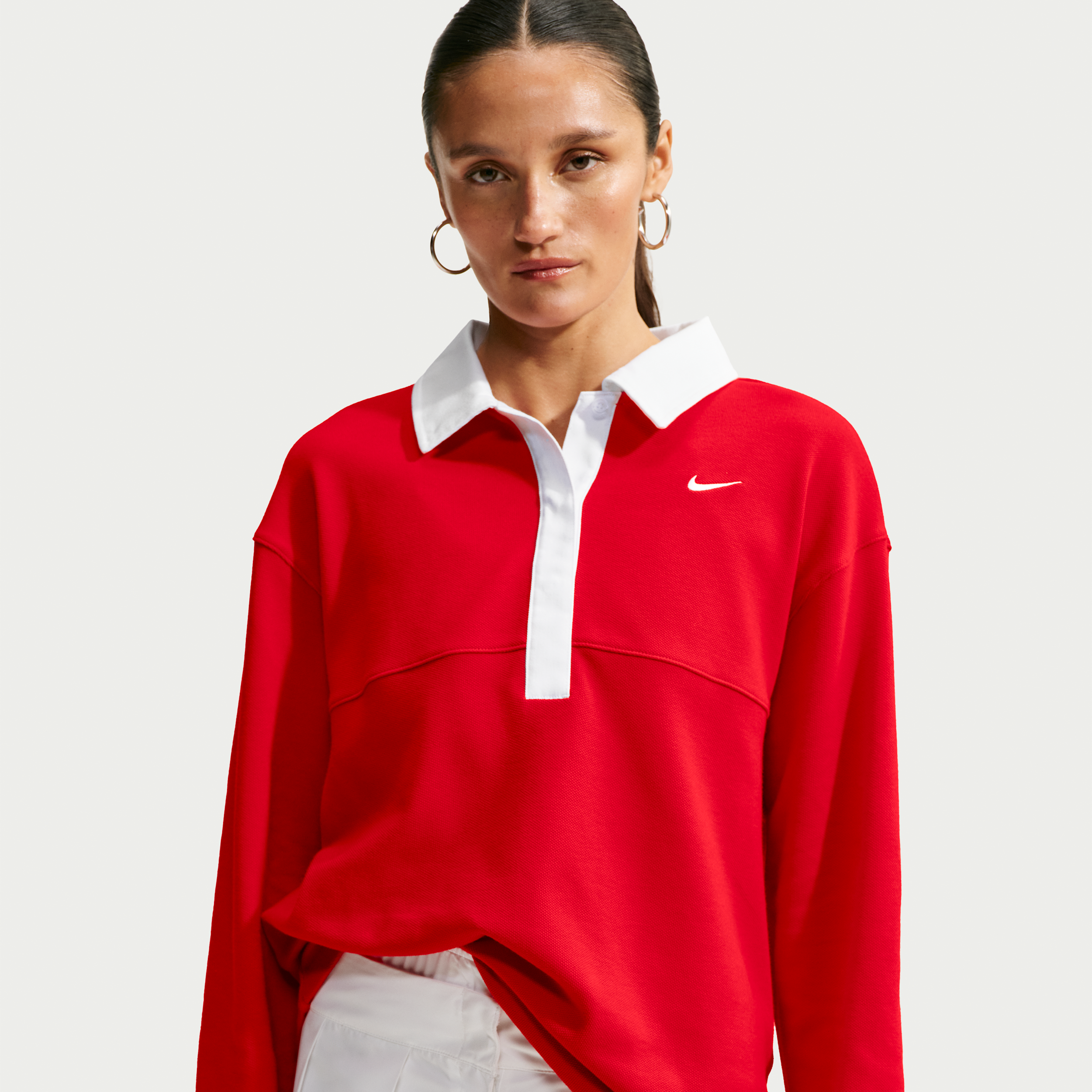 Women's Nike Sportswear Oversized Long-Sleeve Polo in Red | IF0357-657