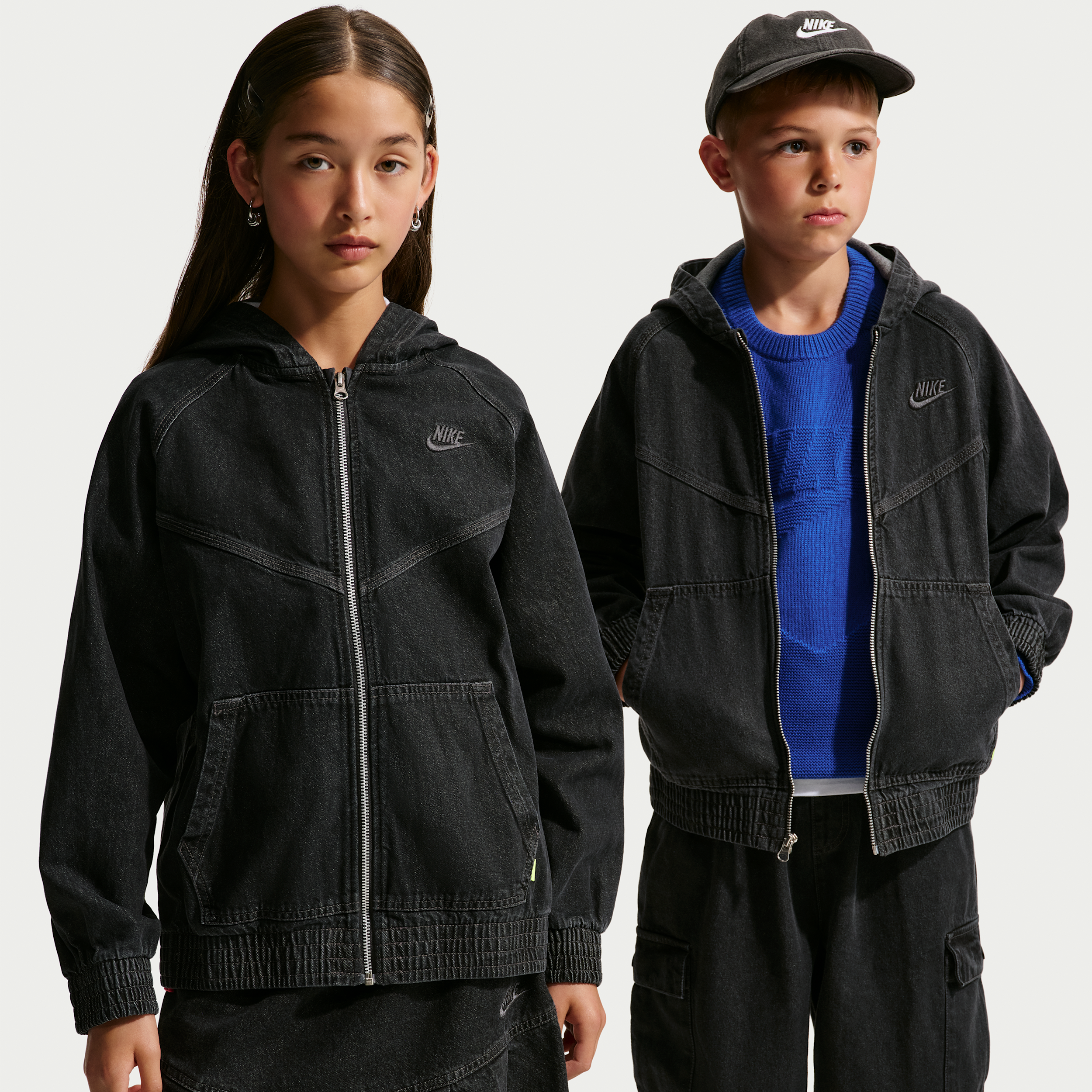 Nike Kids' Sportswear Full-Zip Hooded Denim Jacket, Large, Black/Anthracite/Anthracite/Anthracite