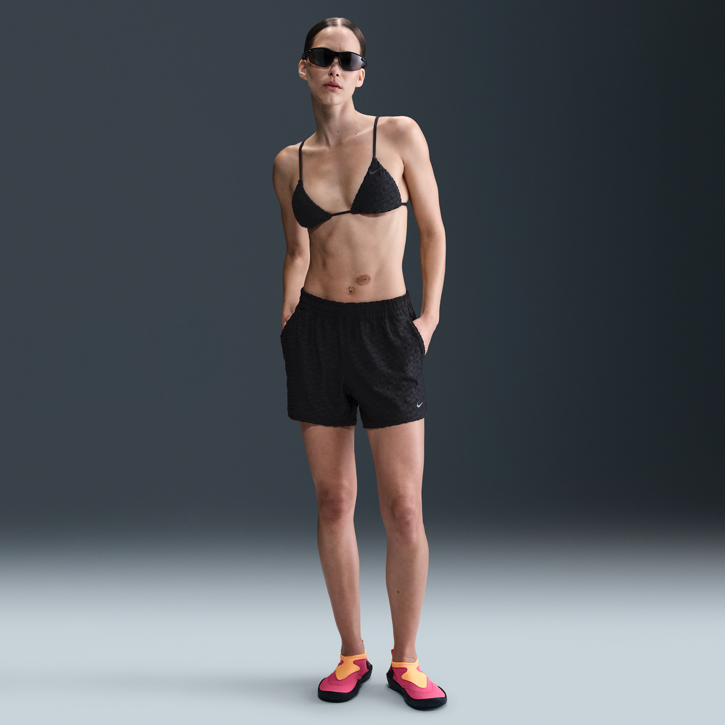 Nike Women's Swim Swoosh Link Terry Cover-up Shorts In Black