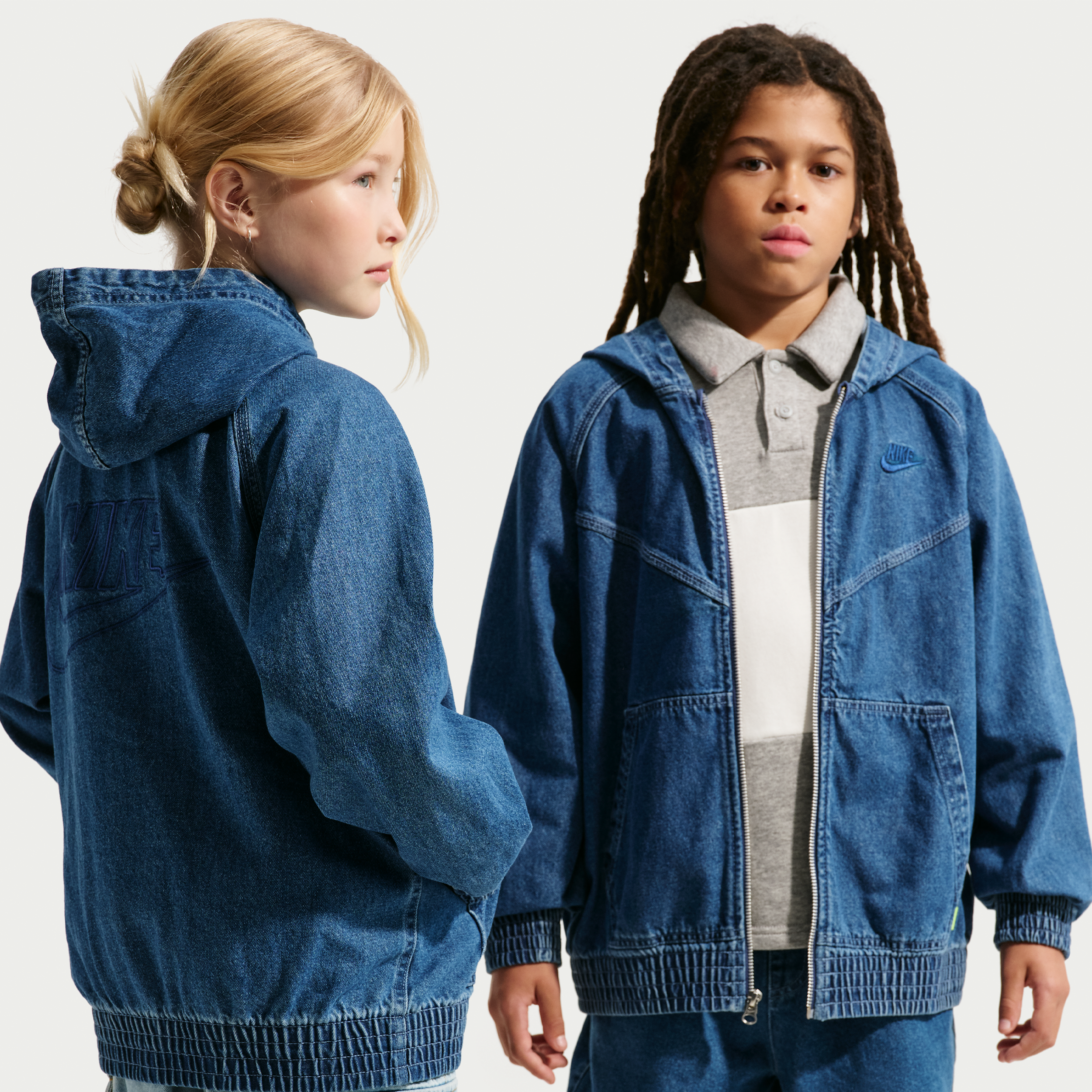 Nike Sportswear Collection Big Kids' Full-Zip Hooded Denim Jacket in Blue | IF2306-435