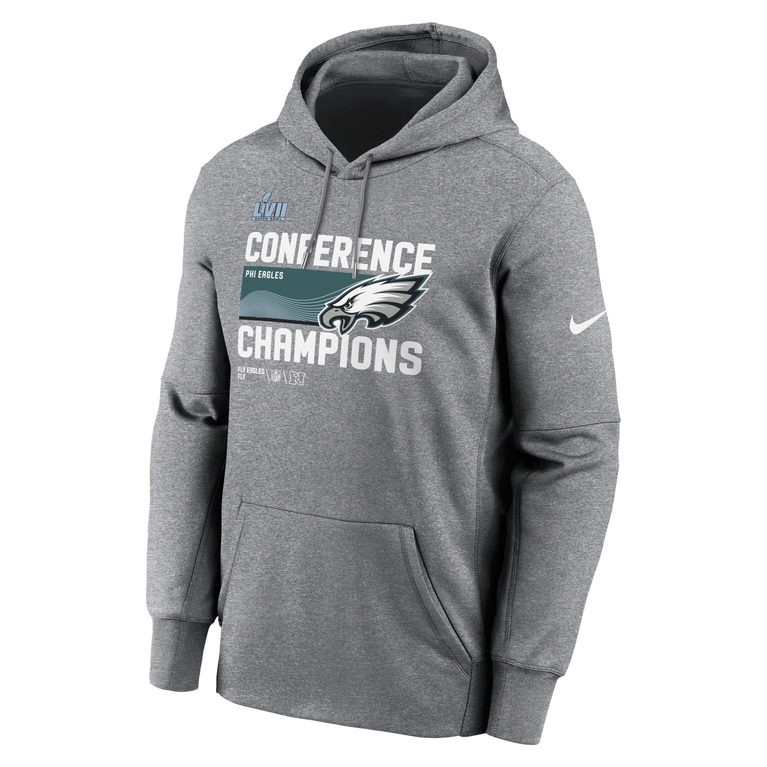 Men's Nike Therma 2022 NFC Champions Trophy (NFL Philadelphia Eagles) Pullover Hoodie in Grey, Size: Large | NPAQ06G86Z-QC9