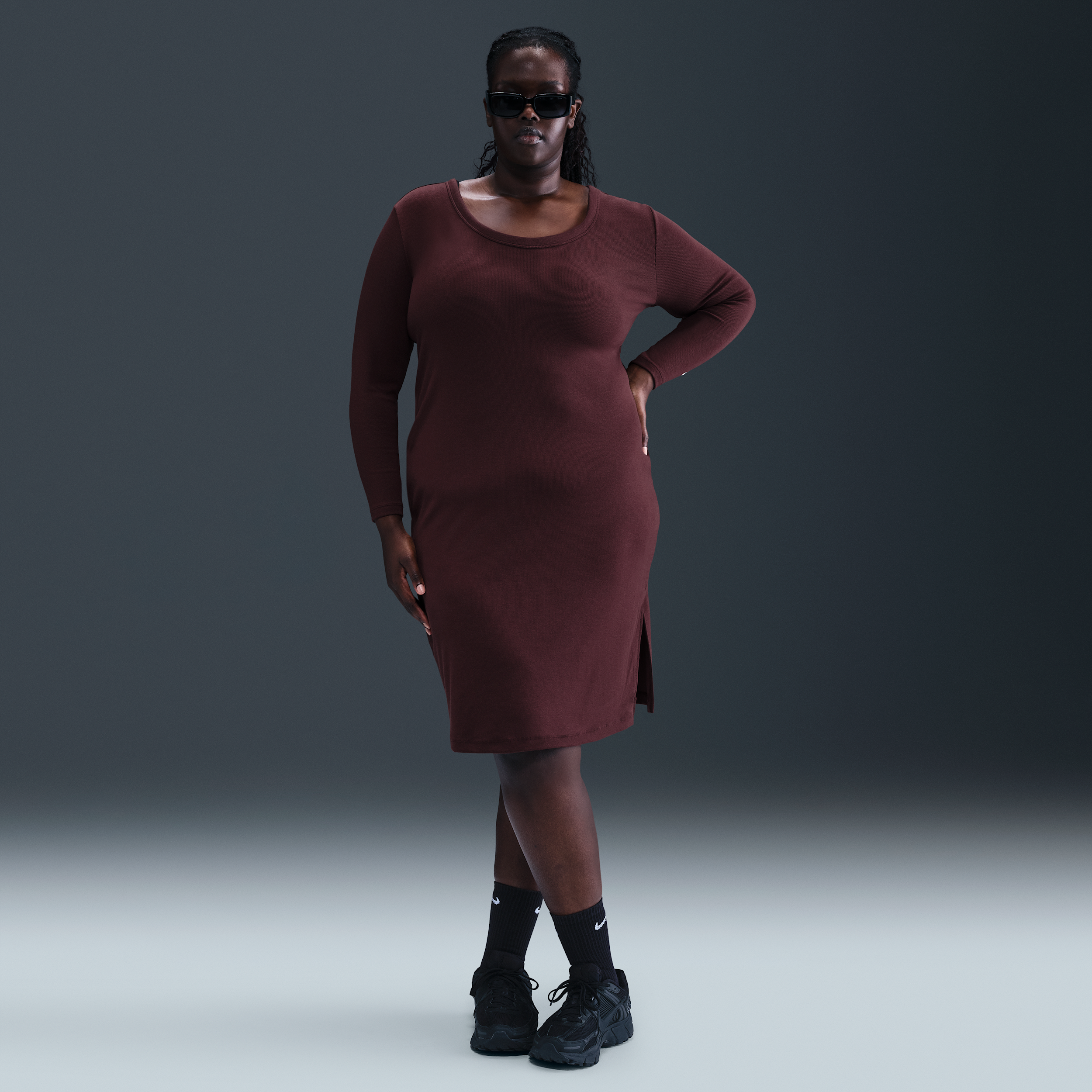 Nike Women's  Sportswear Chill Knit Tight Long-sleeve Midi Mini-rib Dress (plus Size) In Burgundy