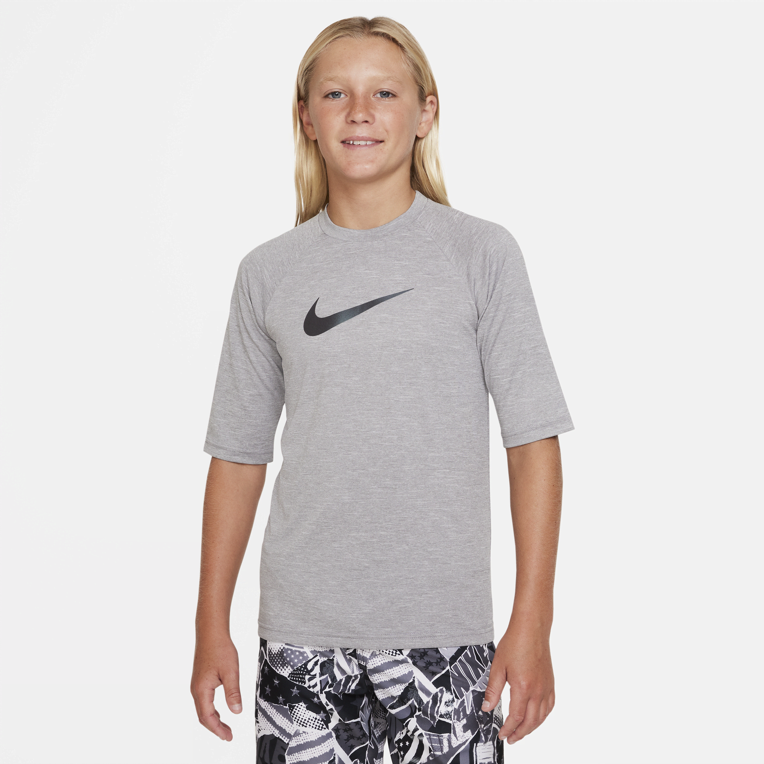 Nike Swim Hydroguard Essential Big Kids' (Boys') Dri-FIT UV Short Sleeve Top in Grey | NESSA825-090