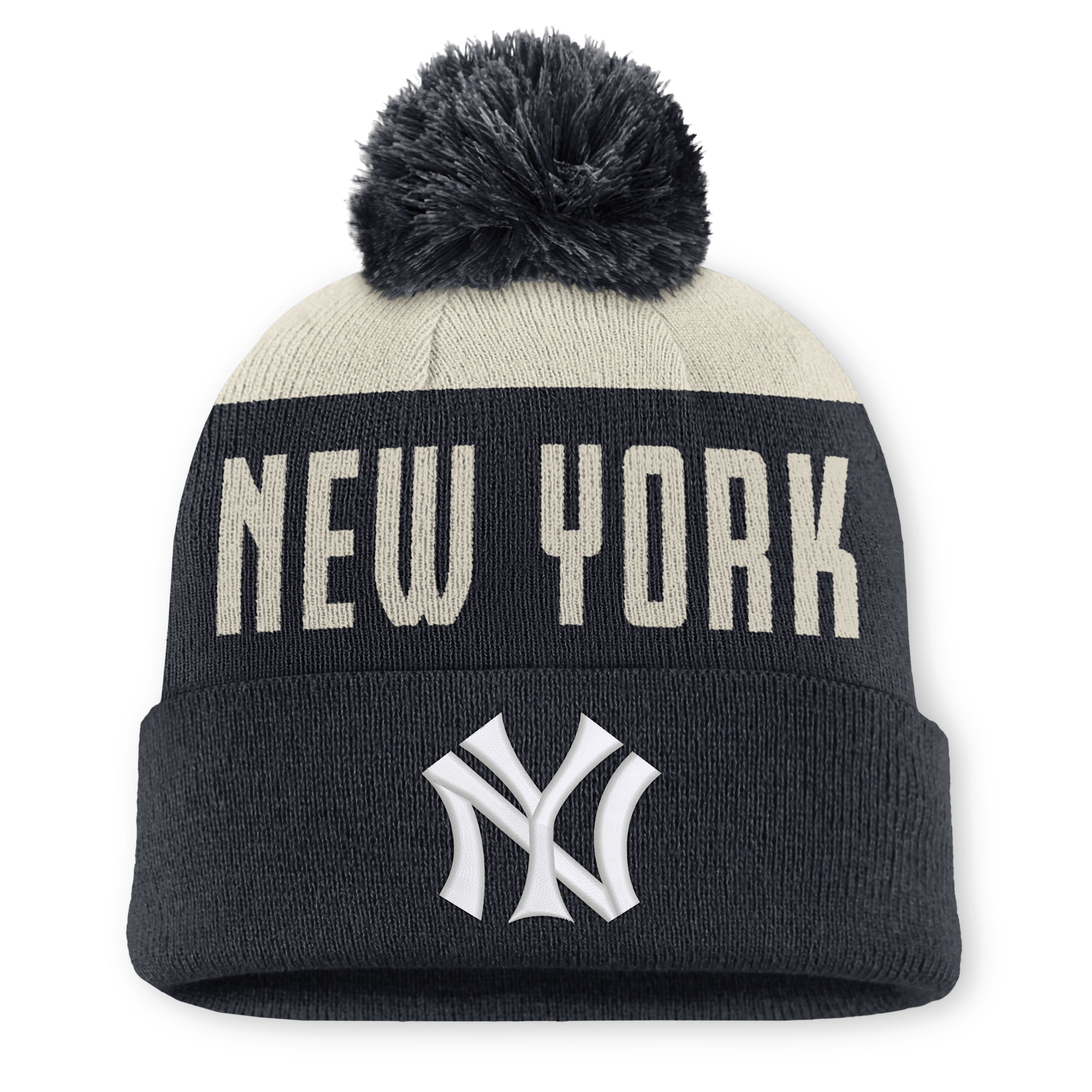 Nike Men's Natural/Navy New York Yankees Cooperstown Collection Peak Standard Cuffed Knit with pom Hat - Natural, Navy