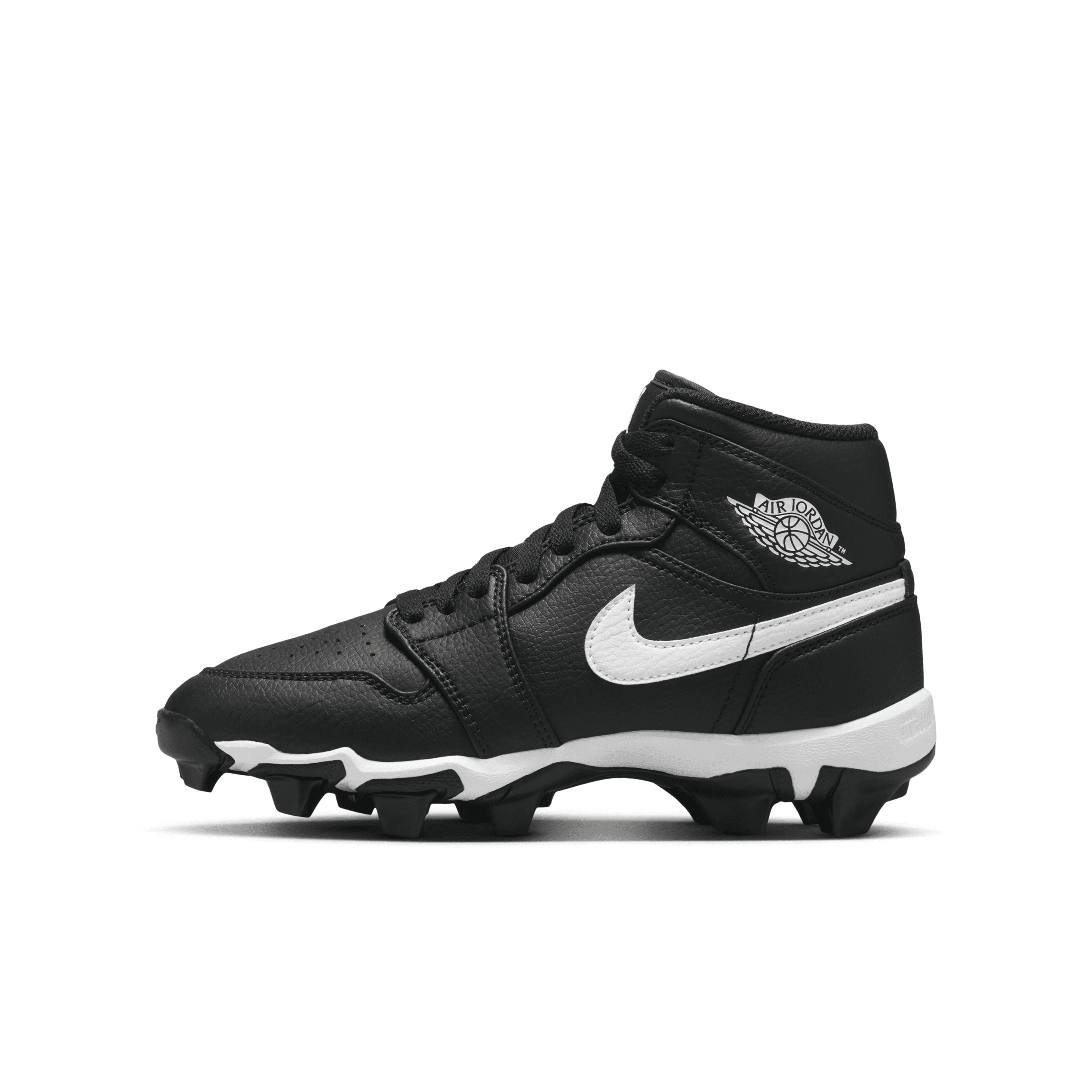Jordan Big Kids Air Retro 1 Mid Cleats in Black/White Size: 13.0