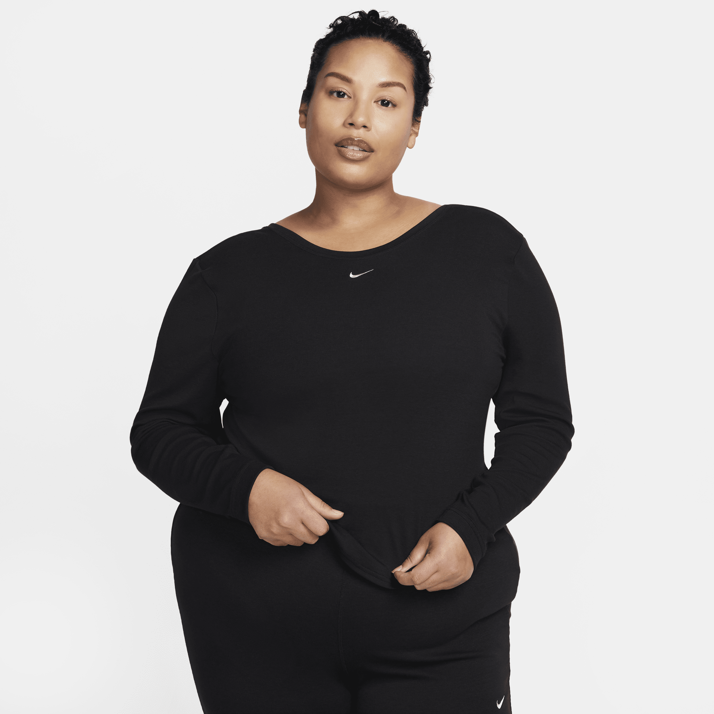 Nike Women's  Sportswear Chill Knit Tight Scoop-back Long-sleeve Mini-rib Top (plus Size) In Black