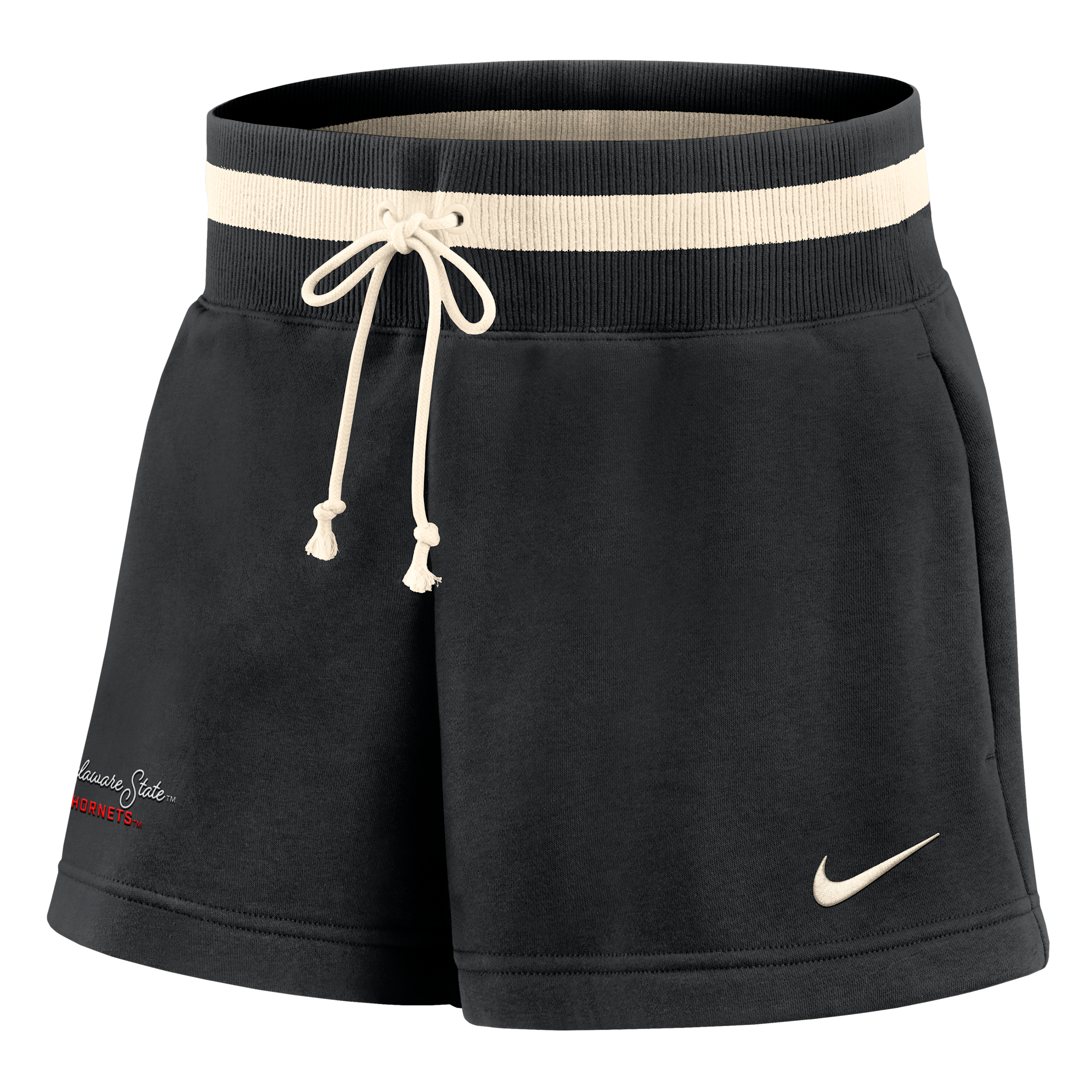 Nike Women's Phoenix Fleece College (Delaware State University) Mid-Rise 4" Shorts in Black | ZW73575DESU25-BLK