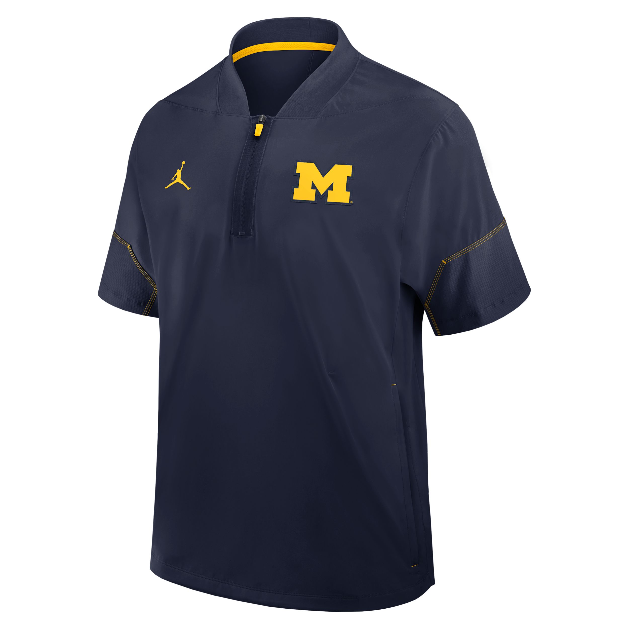 Men's Michigan Sideline Coach Jordan Brand College 1/2-Zip Short-Sleeve Hooded Jacket in Blue | 0JBOCNAMMWN-6XU