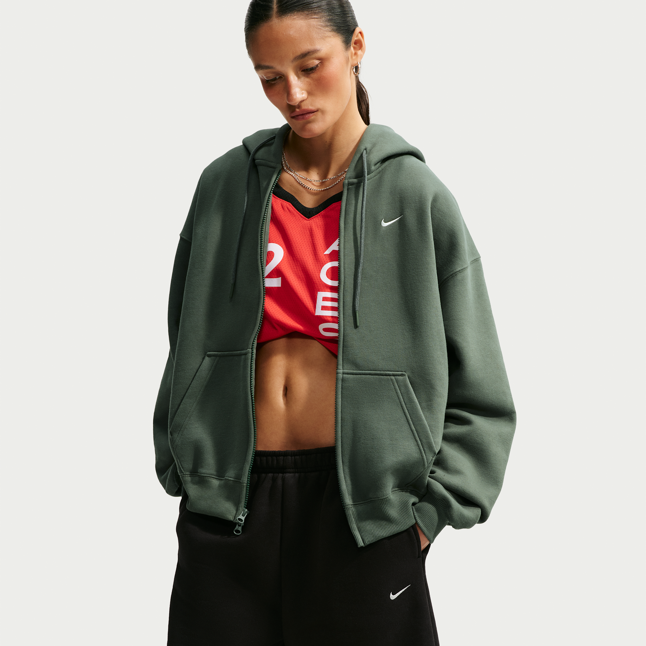 Nike Women's Studio Fleece Medium Weight Oversized Full-Zip Hoodie, Small, Camo Green/Sail