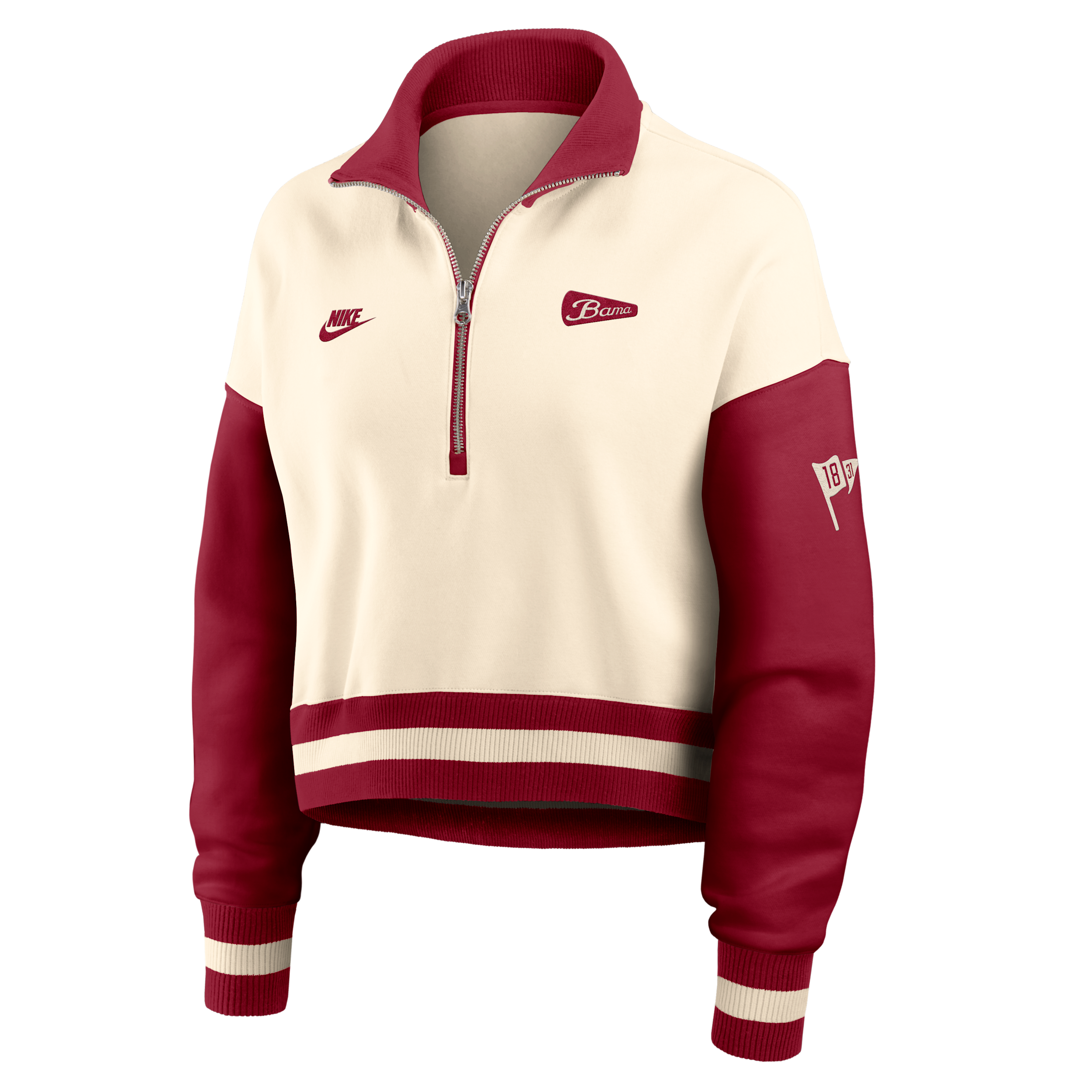Nike Women's Natural, Crimson Alabama Crimson Tide Oversized Legacy Color Block Cropped Quarter-Zip Pullover - Natural, Crimson